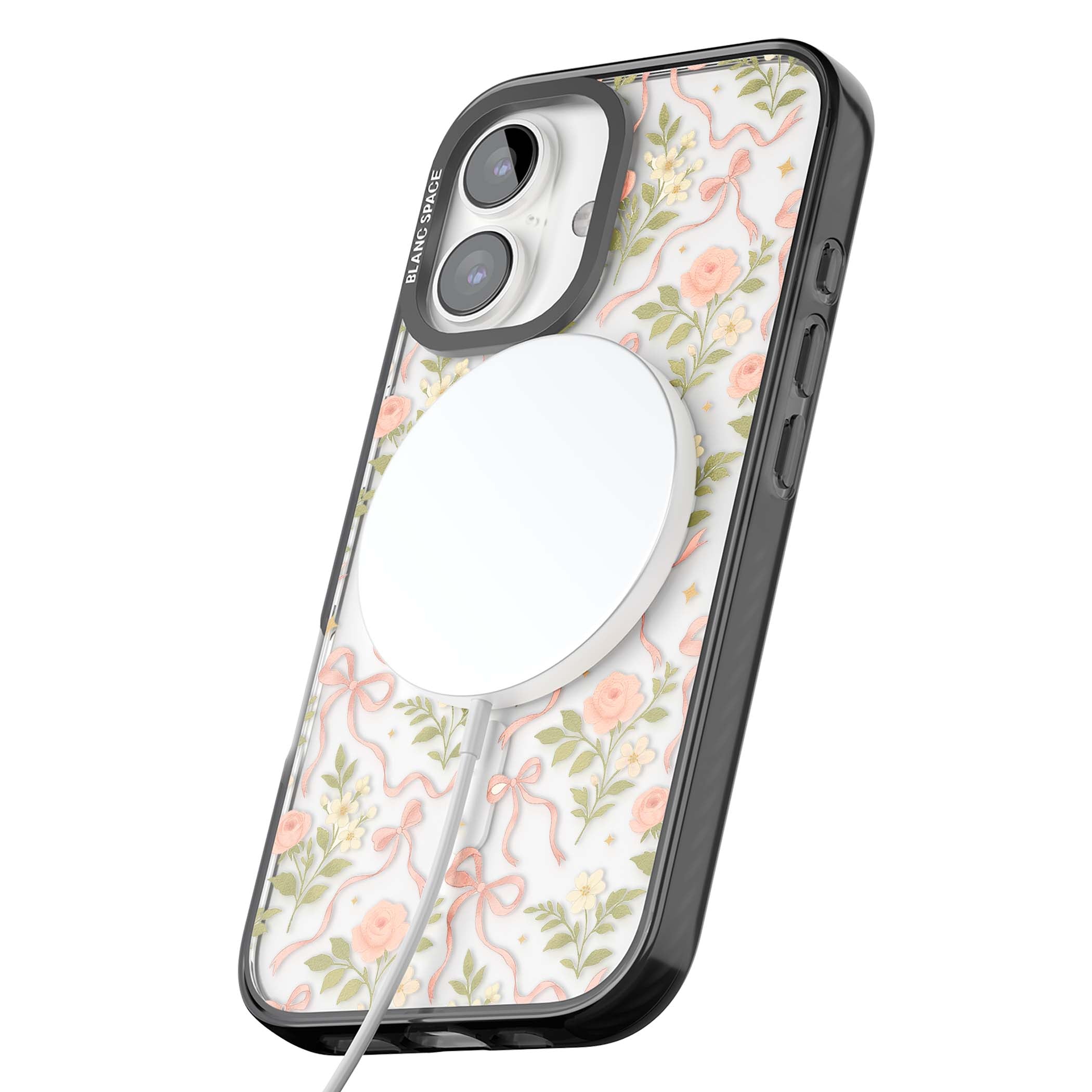 Ribbon Garden coquette iPhone case featuring pink bows, peach roses and wildflowers on white background | Black Impact Magsafe case for iPhone 16, iPhone 16 Plus