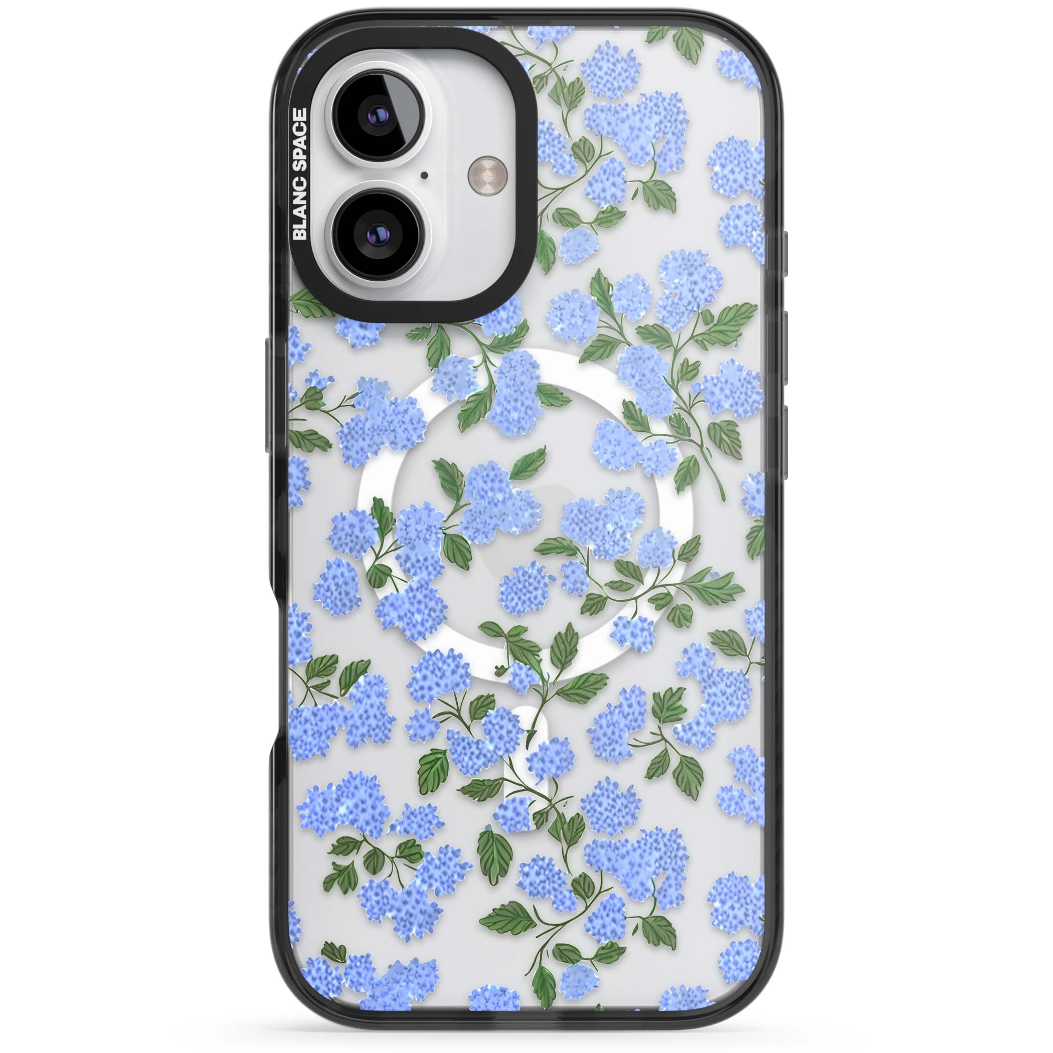 Hydrangea Dreams cottagecore iPhone case featuring soft blue hydrangea flower clusters and green leaves | Black Impact Magsafe case for iPhone 16, iPhone 16 Plus