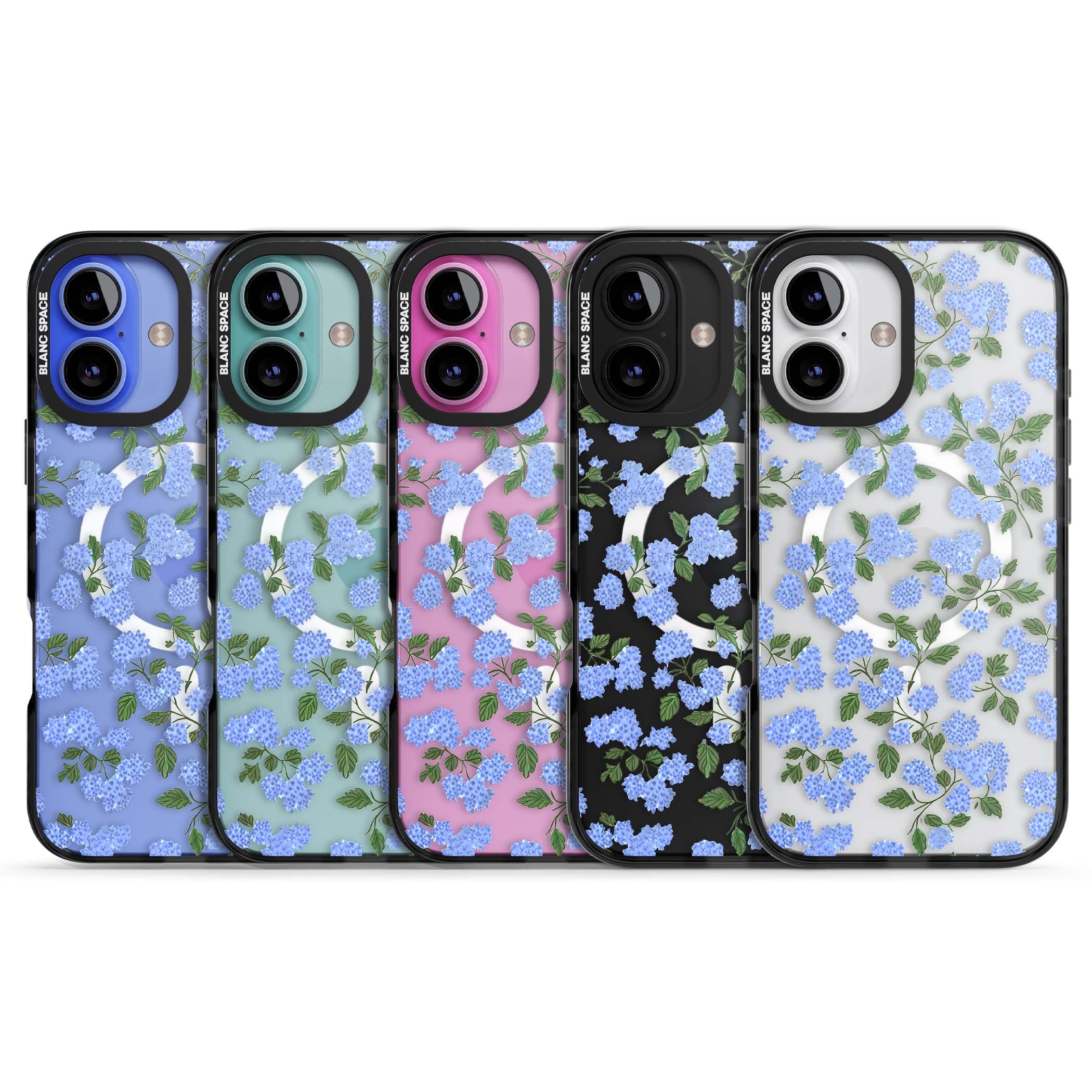 Hydrangea Dreams cottagecore iPhone case featuring soft blue hydrangea flower clusters and green leaves | Black Impact Magsafe case for iPhone 16, iPhone 16 Plus