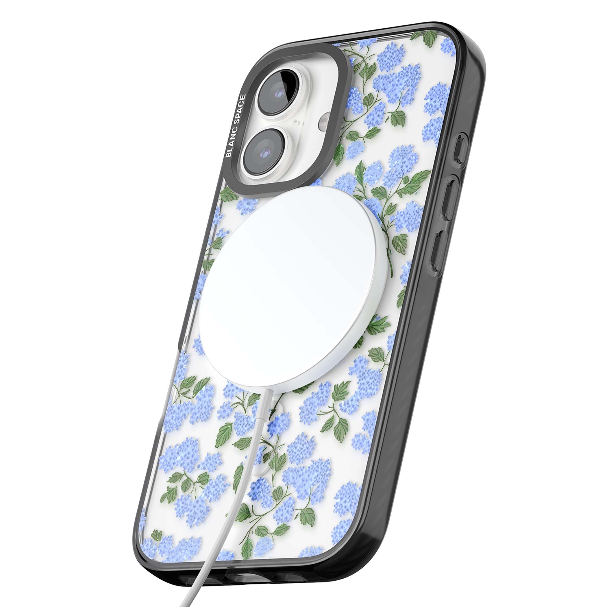 Hydrangea Dreams cottagecore iPhone case featuring soft blue hydrangea flower clusters and green leaves | Black Impact Magsafe case for iPhone 16, iPhone 16 Plus
