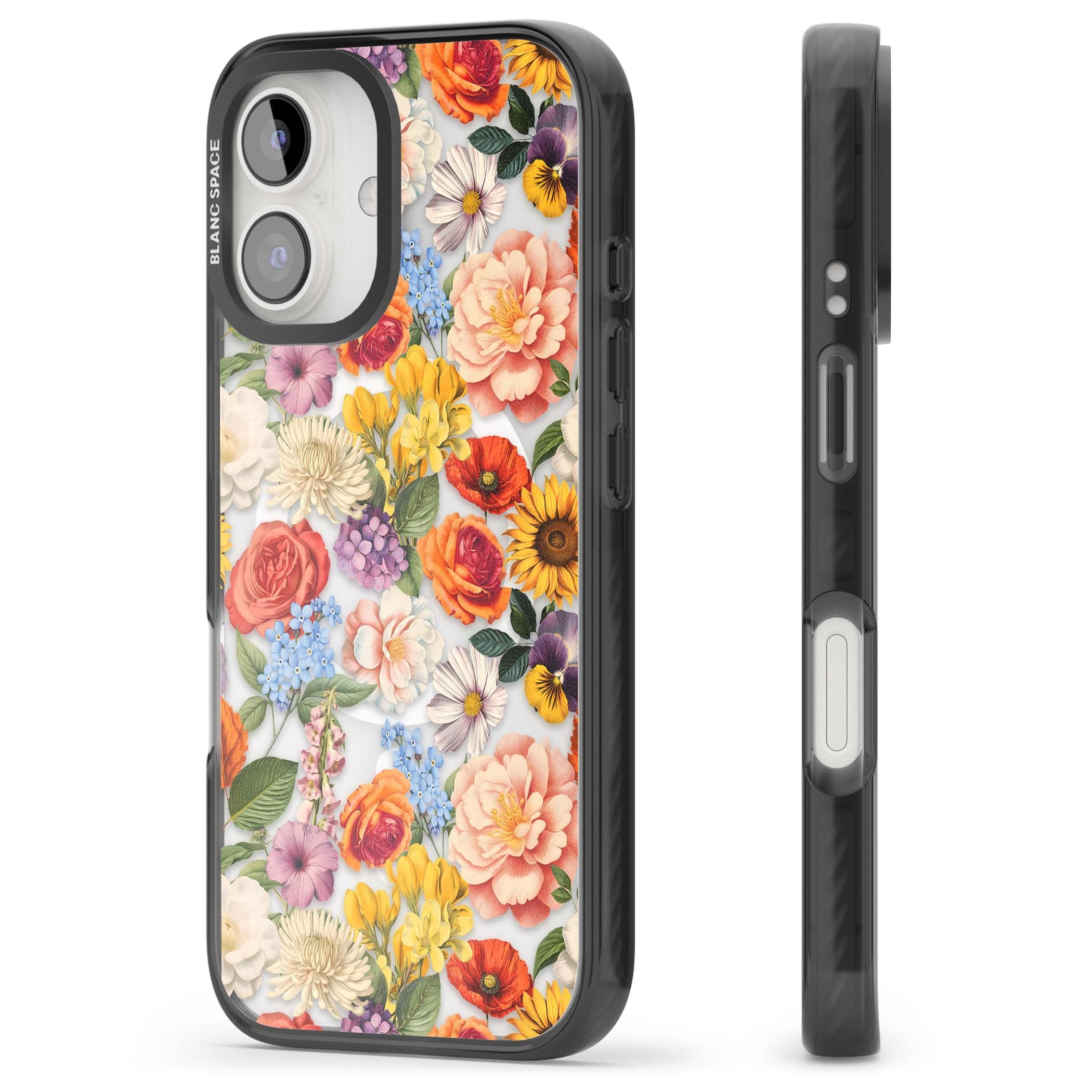 Bloom Basket floral iPhone case featuring cottage garden flowers including peonies, sunflowers, and wildflowers in pastel col | Black Impact Magsafe case for iPhone 16, iPhone 16 Plus