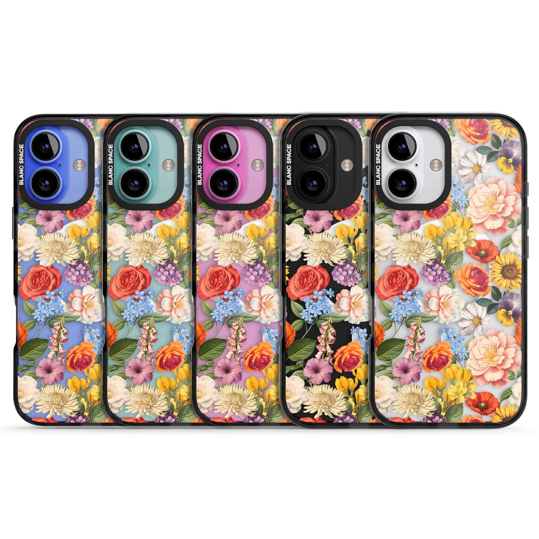 Bloom Basket floral iPhone case featuring cottage garden flowers including peonies, sunflowers, and wildflowers in pastel col | Black Impact Magsafe case for iPhone 16, iPhone 16 Plus