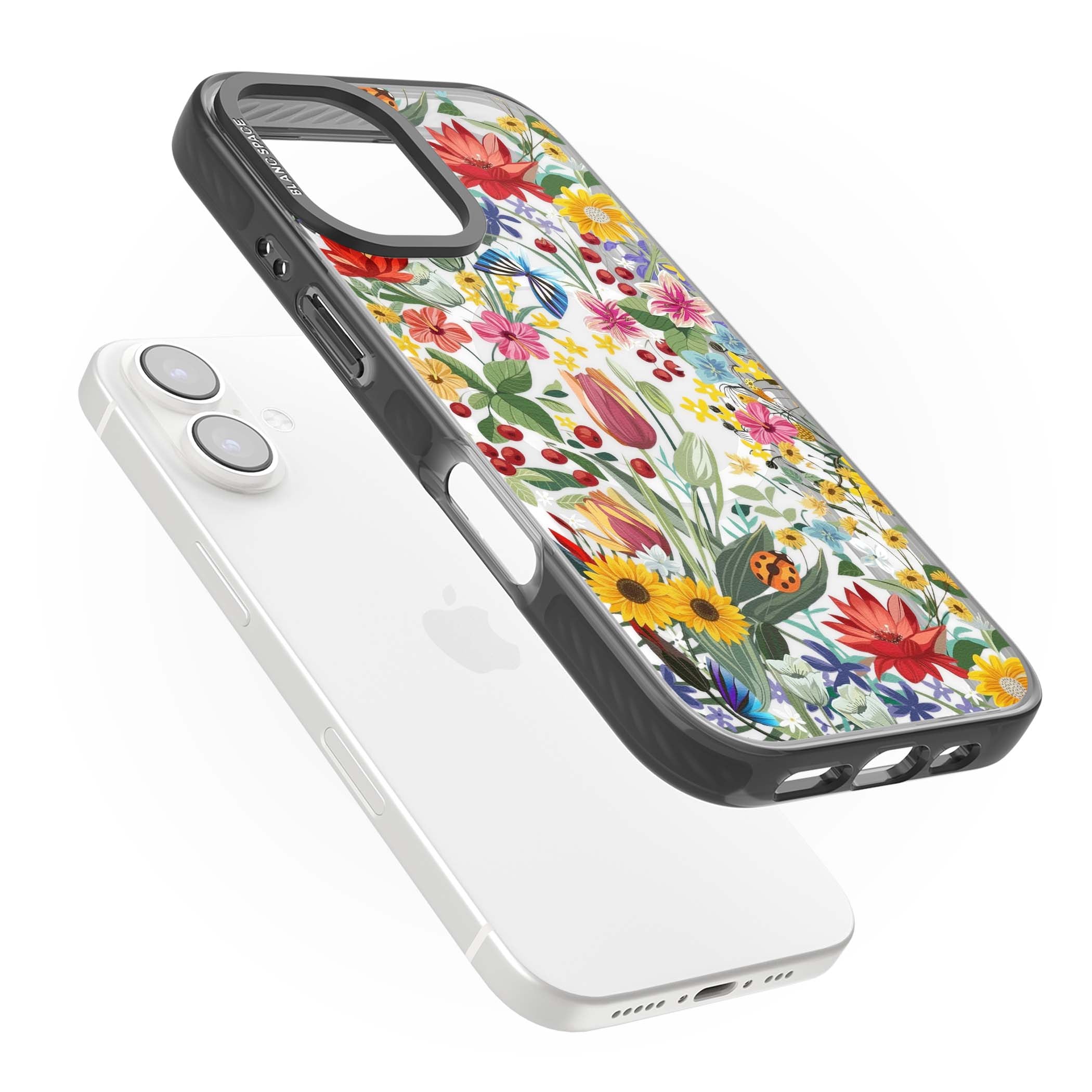 Botanical Bloom cottagecore iPhone case featuring colorful wildflowers, sunflowers, and ladybugs on clear background | Black Impact Magsafe case for iPhone 16, iPhone 16 Plus