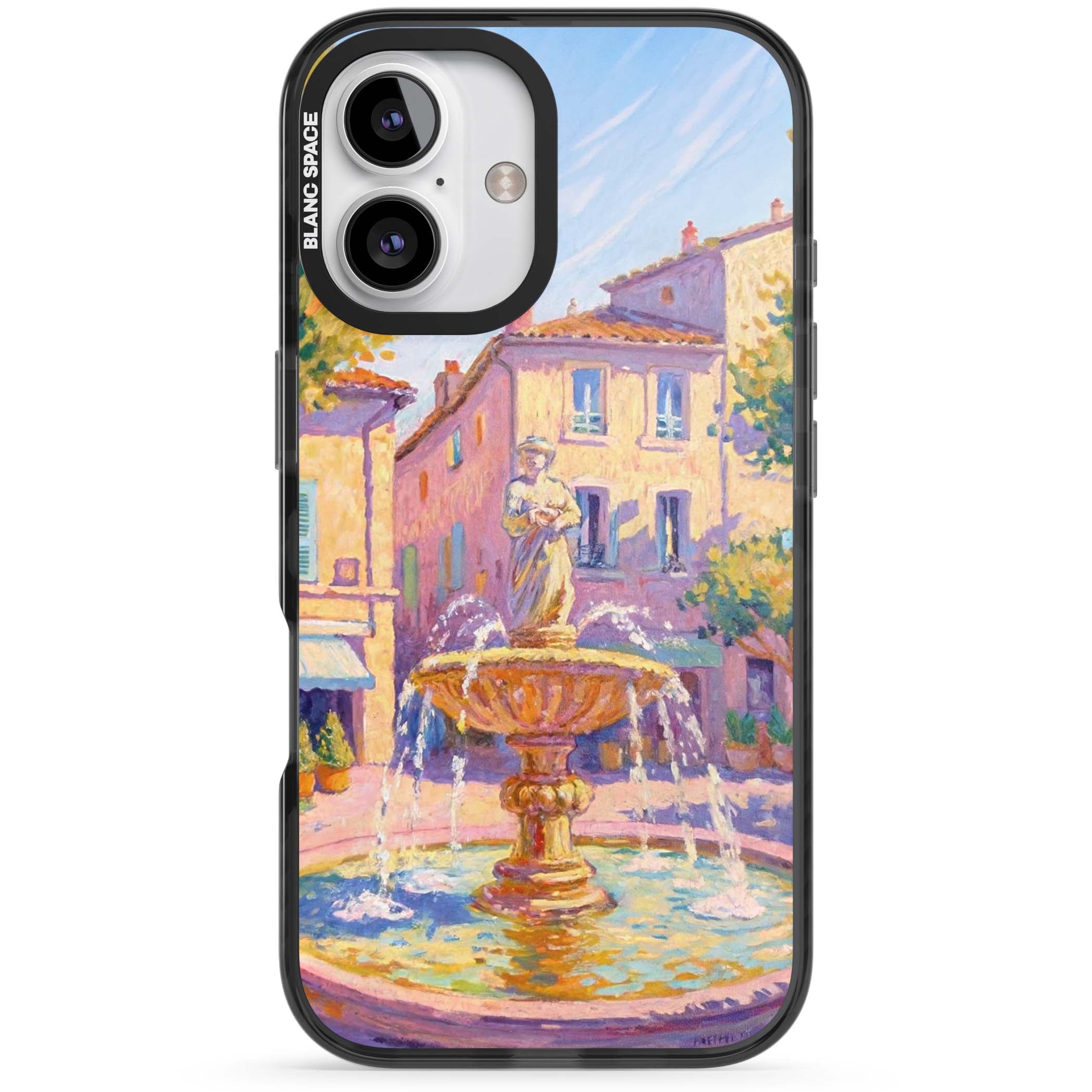 Fountain Square fine art iPhone case featuring an impressionist Provençal fountain, pastel village buildings and summe | Black Impact Magsafe case for iPhone 16, iPhone 16 Plus