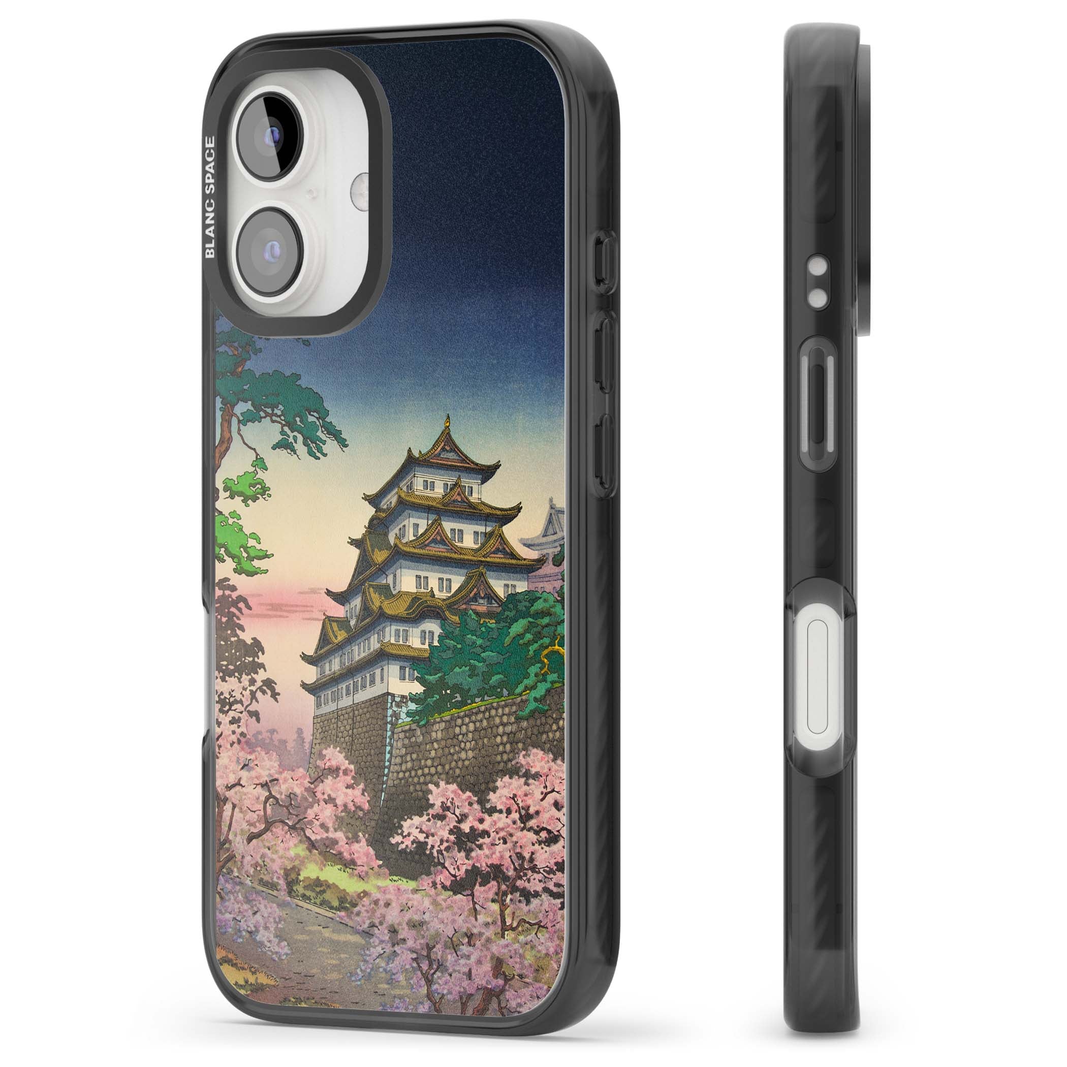 Nagoya Castle Japanese iPhone case featuring a vintage pagoda, twilight sky and cherry blossom trees | Black Impact Magsafe case for iPhone 16, iPhone 16 Plus