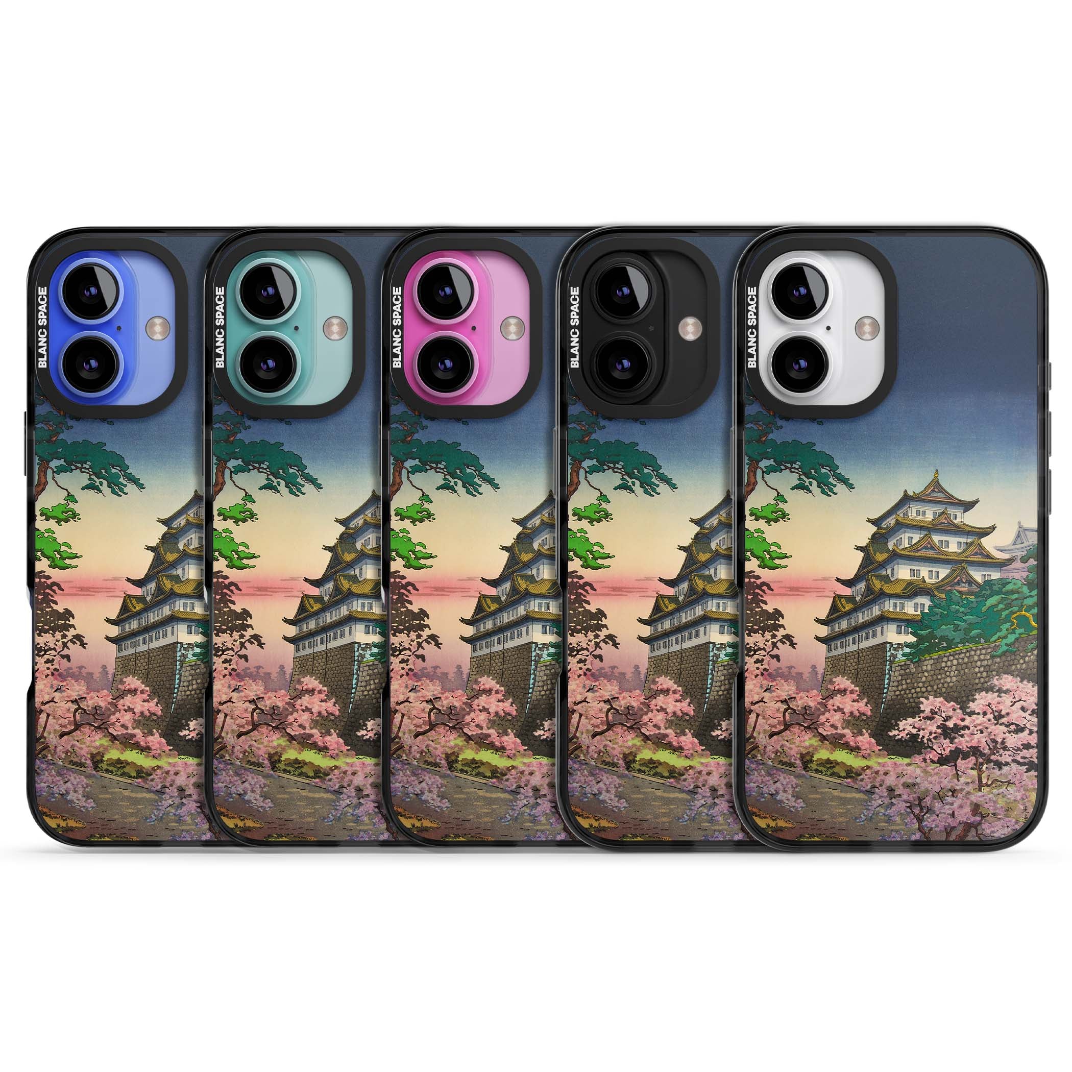 Nagoya Castle Japanese iPhone case featuring a vintage pagoda, twilight sky and cherry blossom trees | Black Impact Magsafe case for iPhone 16, iPhone 16 Plus