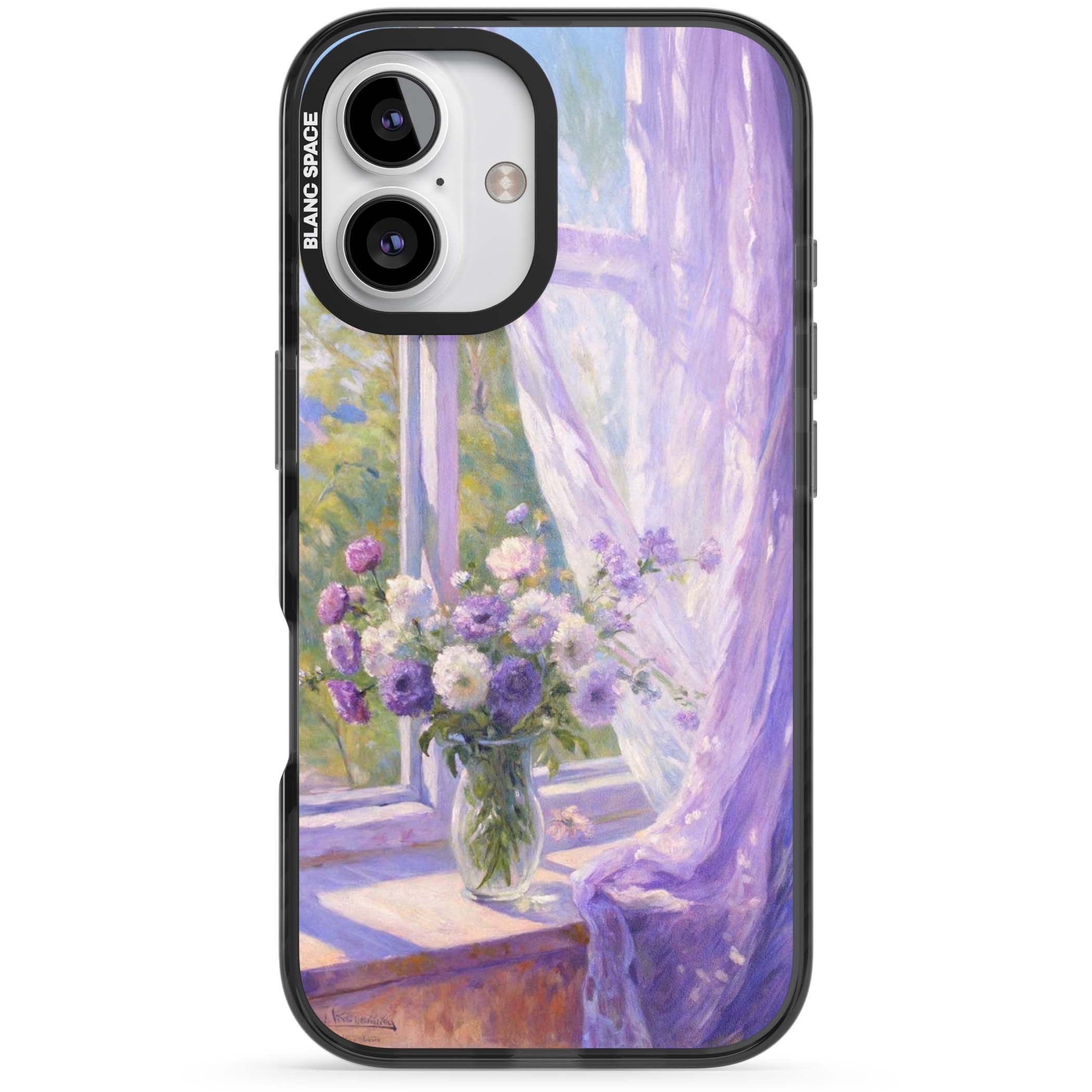 A Provence Morning impressionist art iPhone case featuring a vase of purple flowers, sunlit window and sheer curt | Black Impact Magsafe case for iPhone 16, iPhone 16 Plus