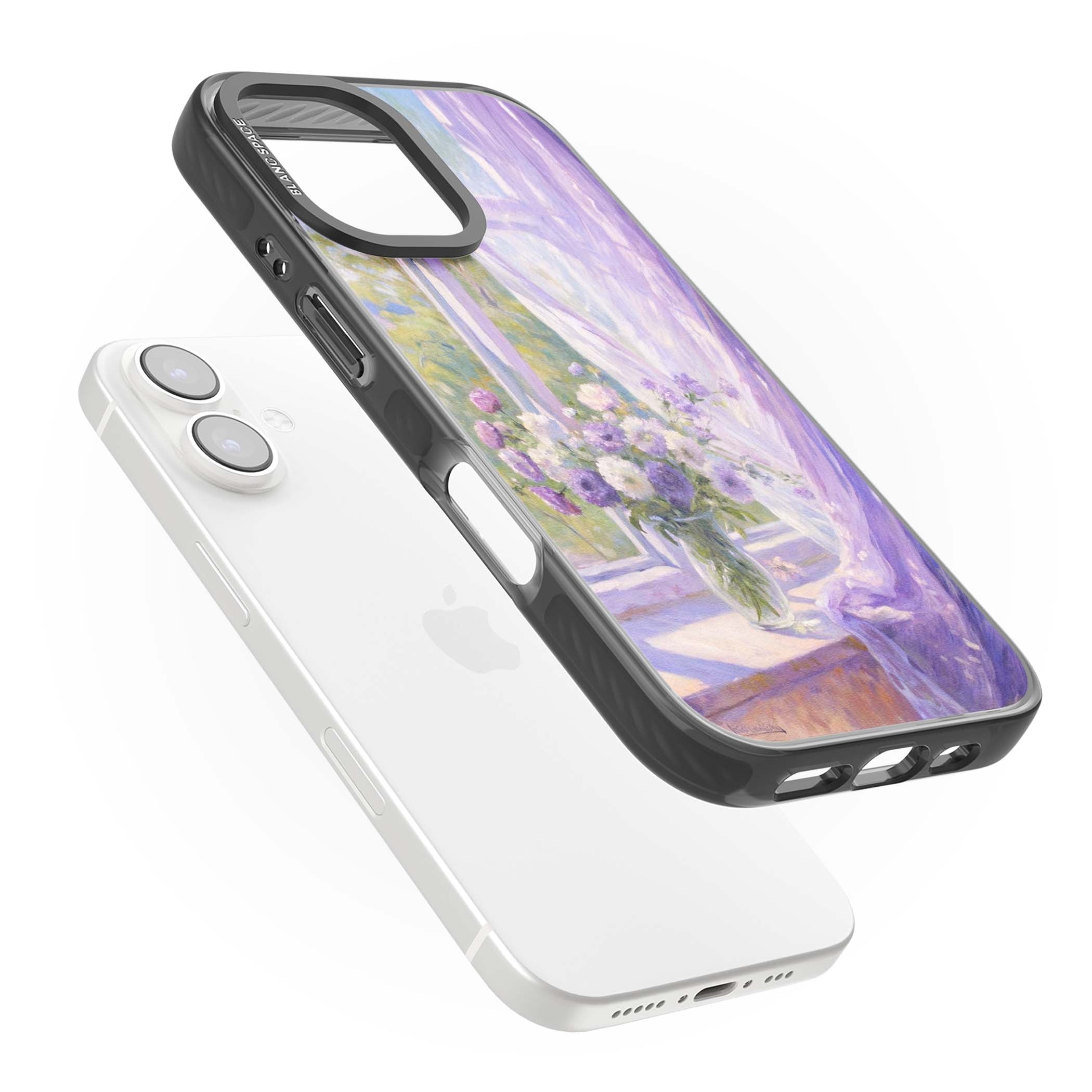 A Provence Morning impressionist art iPhone case featuring a vase of purple flowers, sunlit window and sheer curt | Black Impact Magsafe case for iPhone 16, iPhone 16 Plus