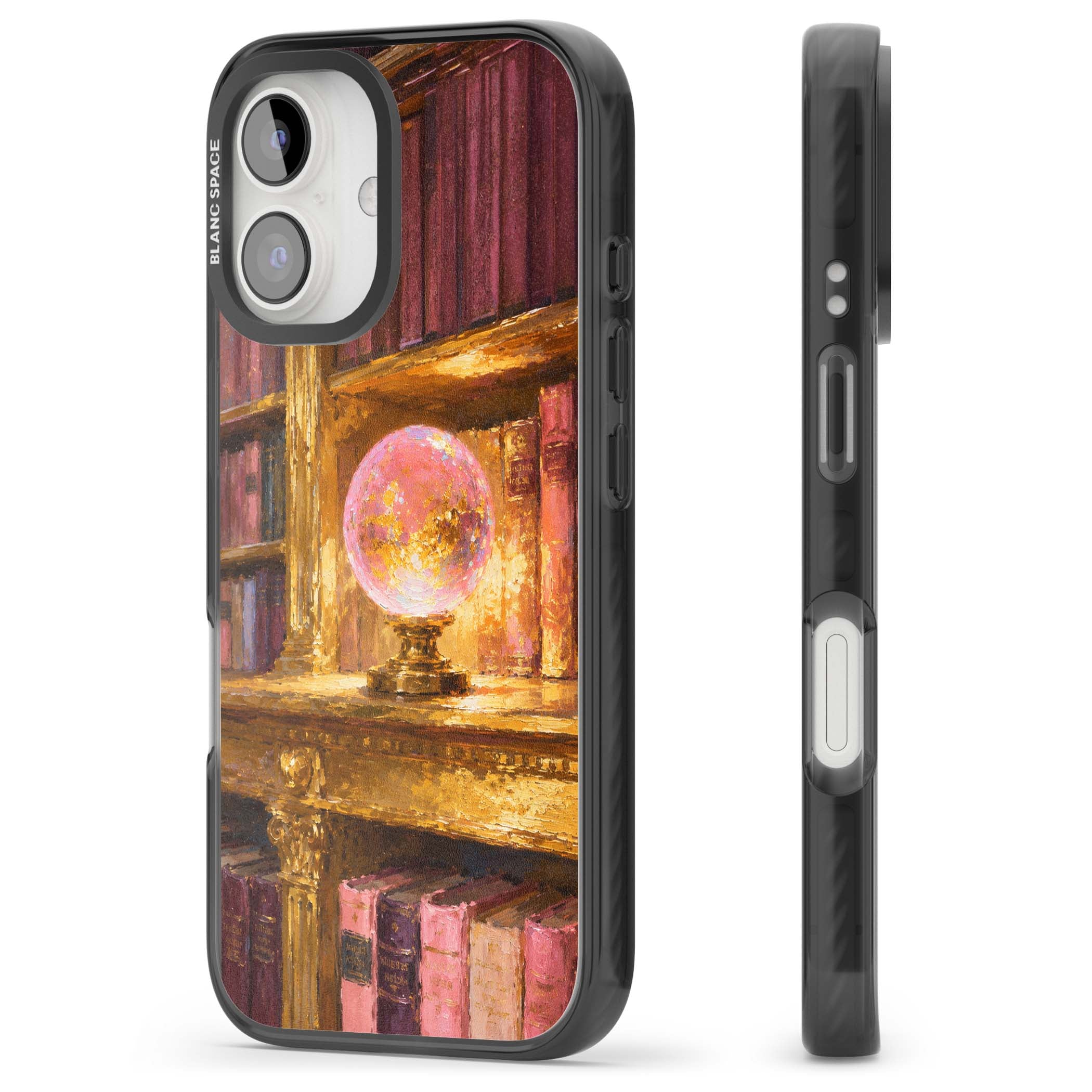Gilded Library dark academia iPhone case featuring an oil painted crystal ball on a gilded library shelf with vintage | Black Impact Magsafe case for iPhone 16, iPhone 16 Plus