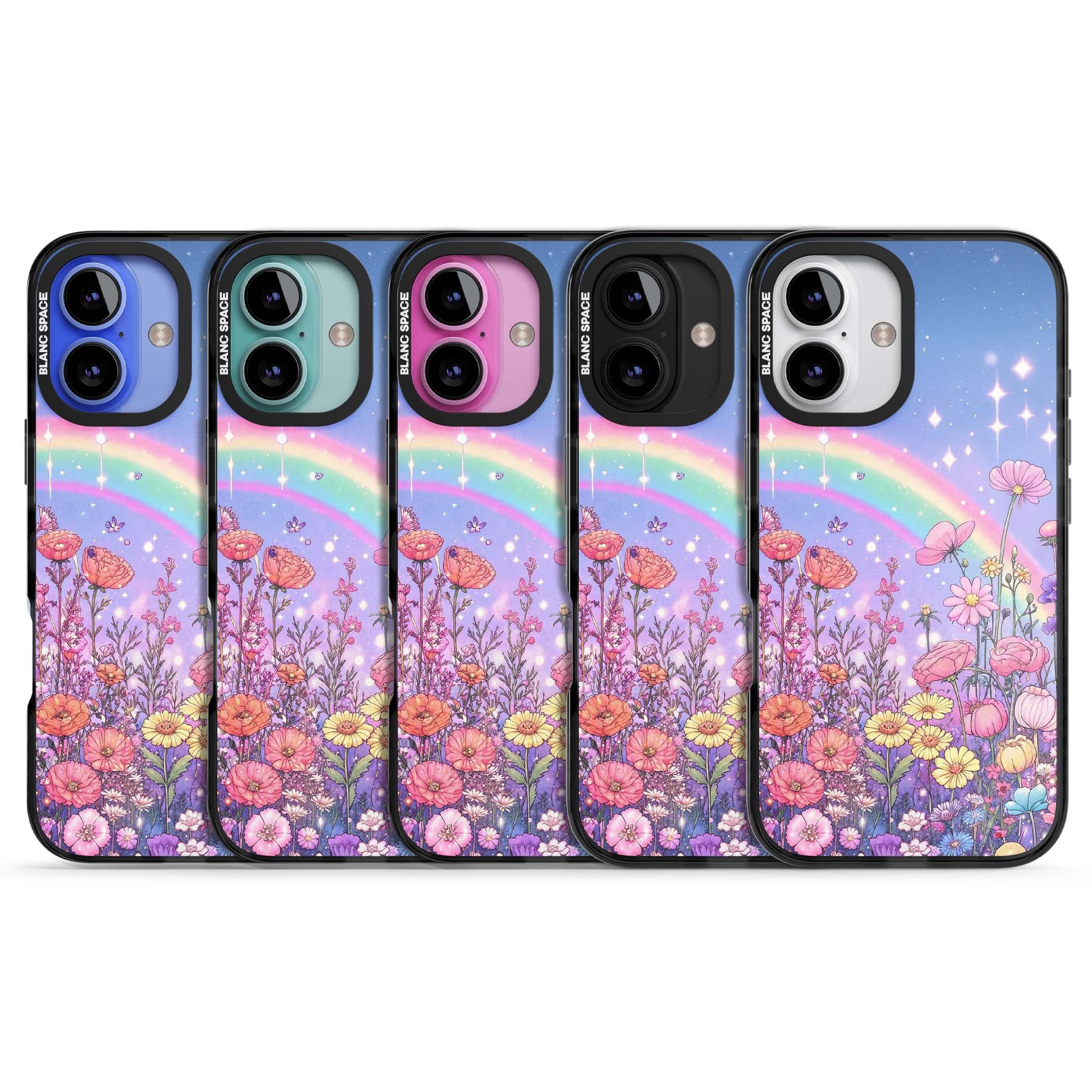 Magical Meadow fairycore iPhone case featuring a pastel rainbow, sparkling stars and a wildflower meadow | Black Impact Magsafe case for iPhone 16, iPhone 16 Plus