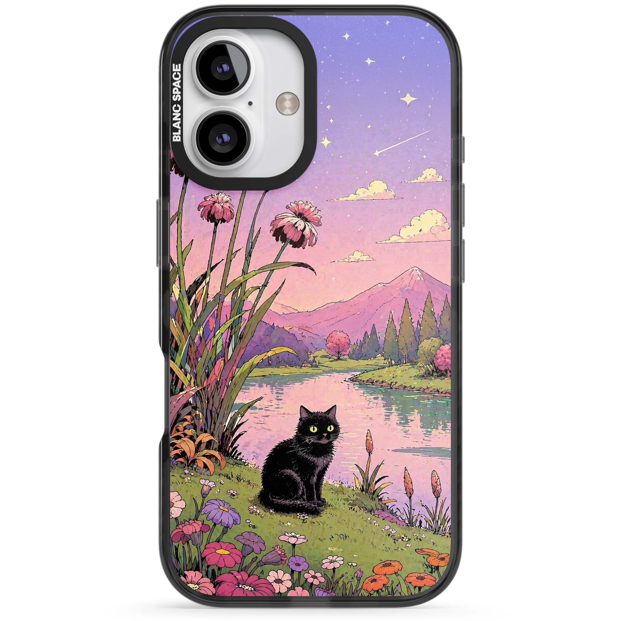Mystic Whiskers ghibli iPhone case featuring a black cat by a pastel lake, wildflowers and a starry sunset sky | Black Impact Magsafe case for iPhone 16, iPhone 16 Plus