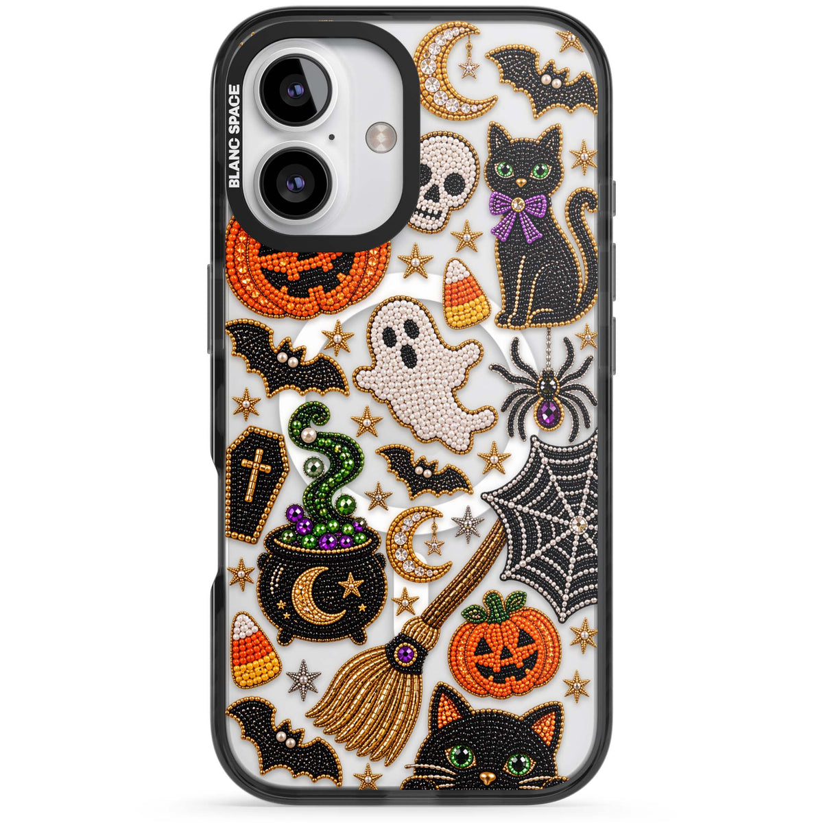 Beaded Halloween Halloween iPhone case featuring beaded pumpkins, ghosts, black cats and bats | Black Impact Magsafe case for iPhone 16, iPhone 16 Plus