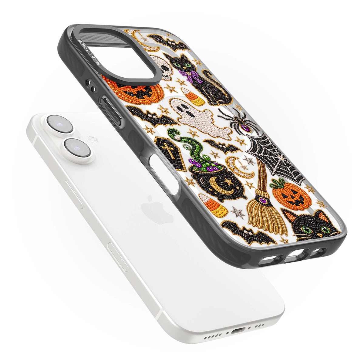 Beaded Halloween Halloween iPhone case featuring beaded pumpkins, ghosts, black cats and bats | Black Impact Magsafe case for iPhone 16, iPhone 16 Plus