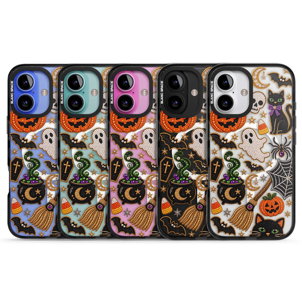 Beaded Halloween Halloween iPhone case featuring beaded pumpkins, ghosts, black cats and bats | Black Impact Magsafe case for iPhone 16, iPhone 16 Plus