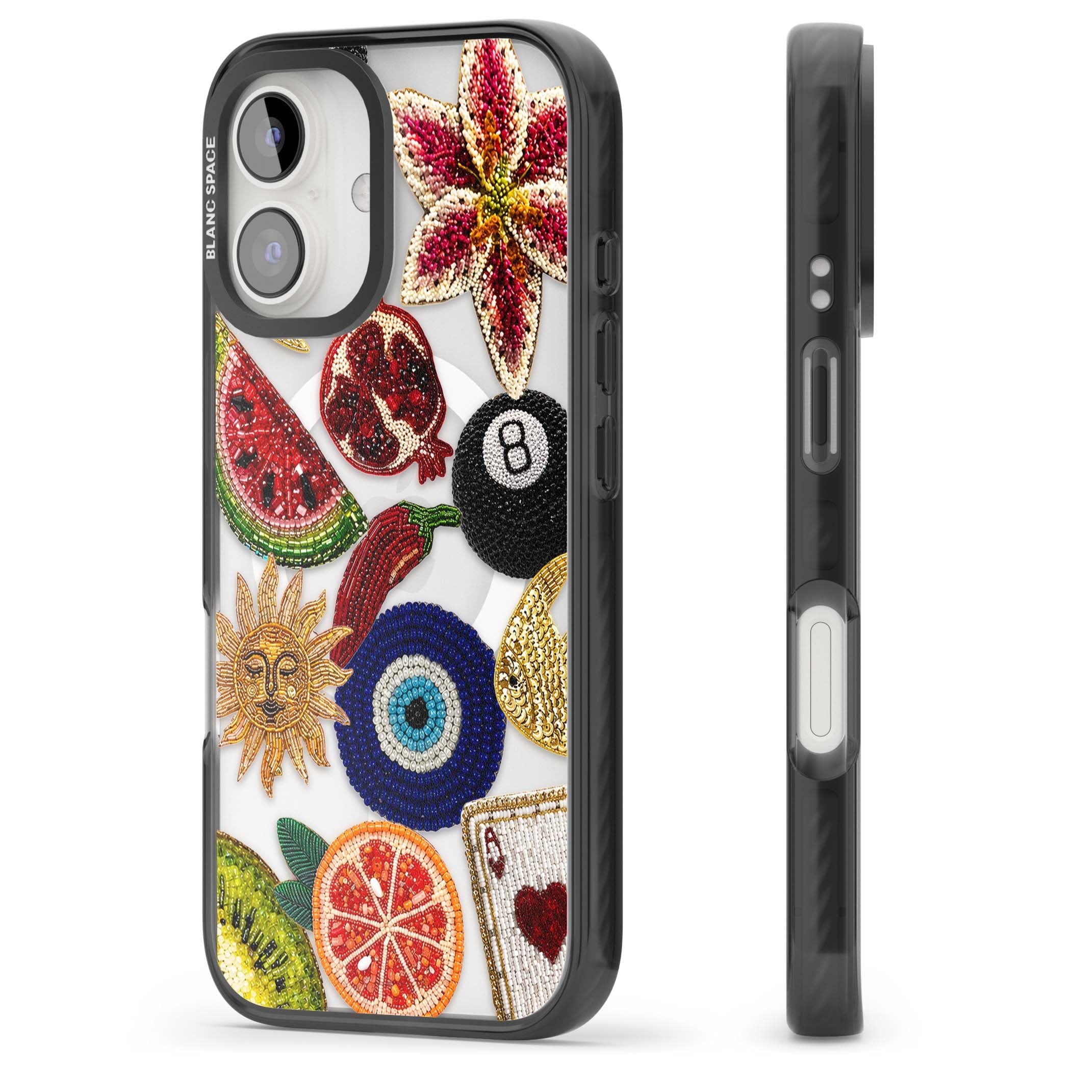 Beaded Charms embroidery iPhone case featuring beaded evil eye, fruit patches and a golden sun motif | Black Impact Magsafe case for iPhone 16, iPhone 16 Plus