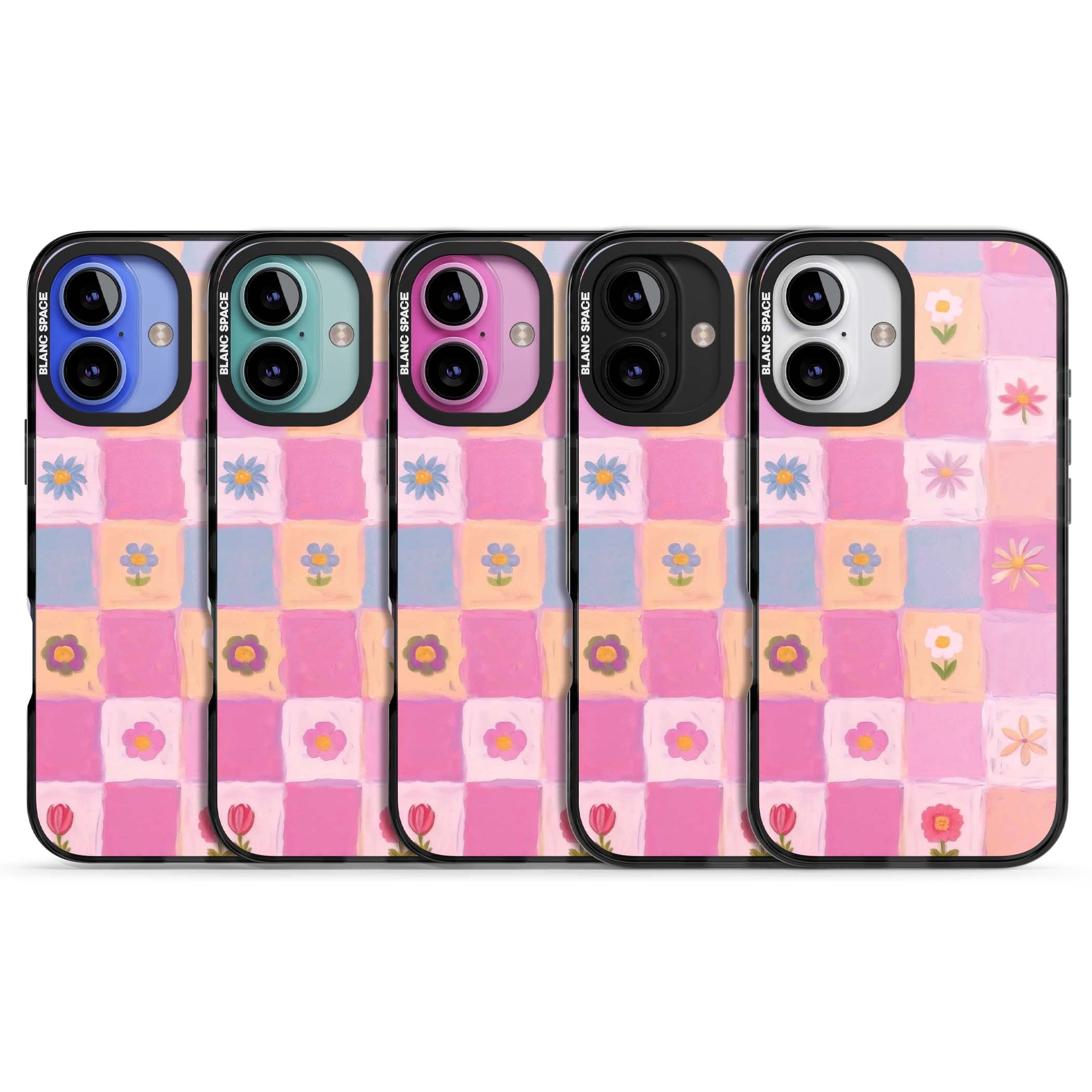 Pastel Flower Patchwork cottagecore iPhone case featuring painted pink and lilac squares with daisies and wildflowers | Black Impact Magsafe case for iPhone 16, iPhone 16 Plus