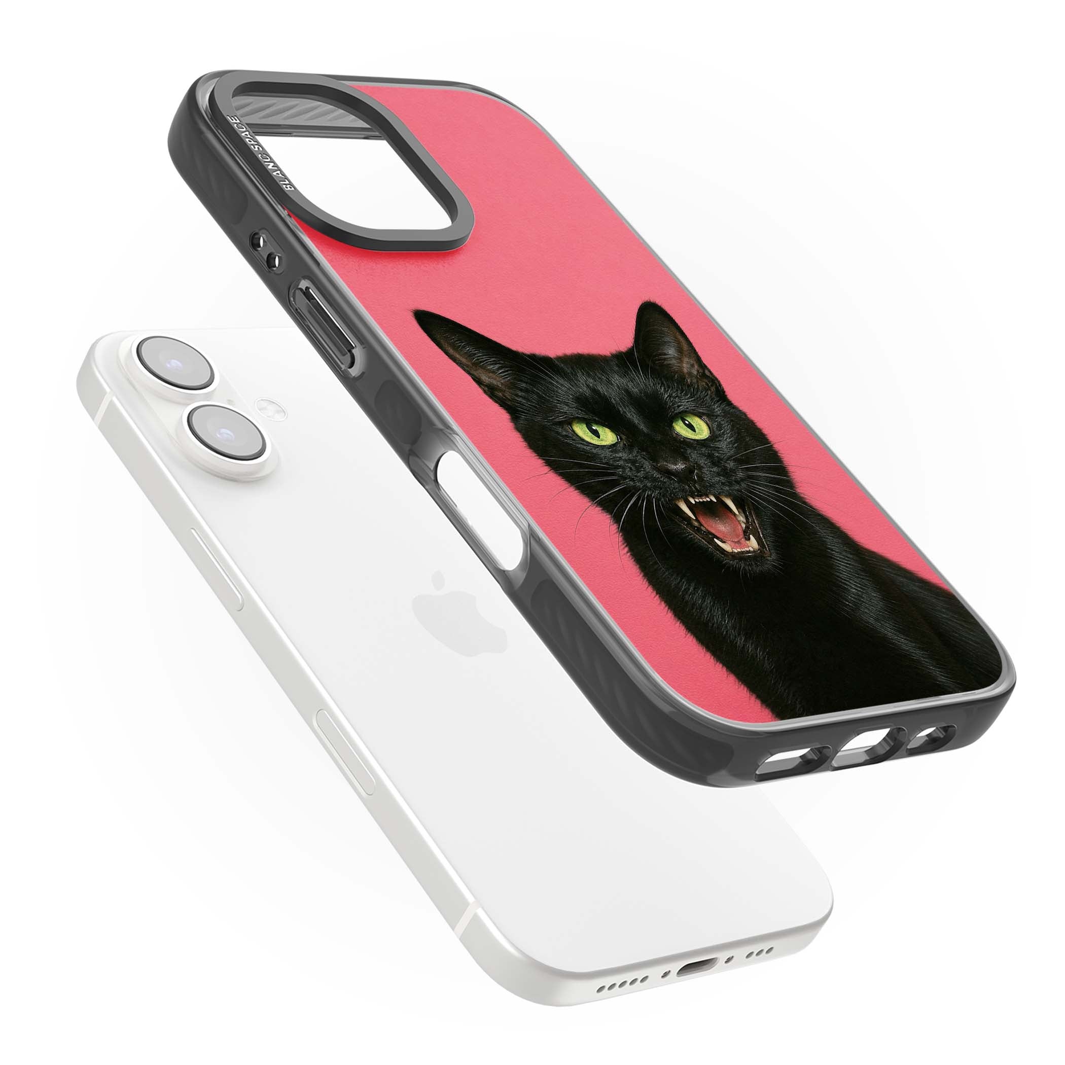 Hissin' Baddie black cat iPhone case featuring a hissing feline with green eyes on a hot pink background | Black Impact Magsafe case for iPhone 16, iPhone 16 Plus