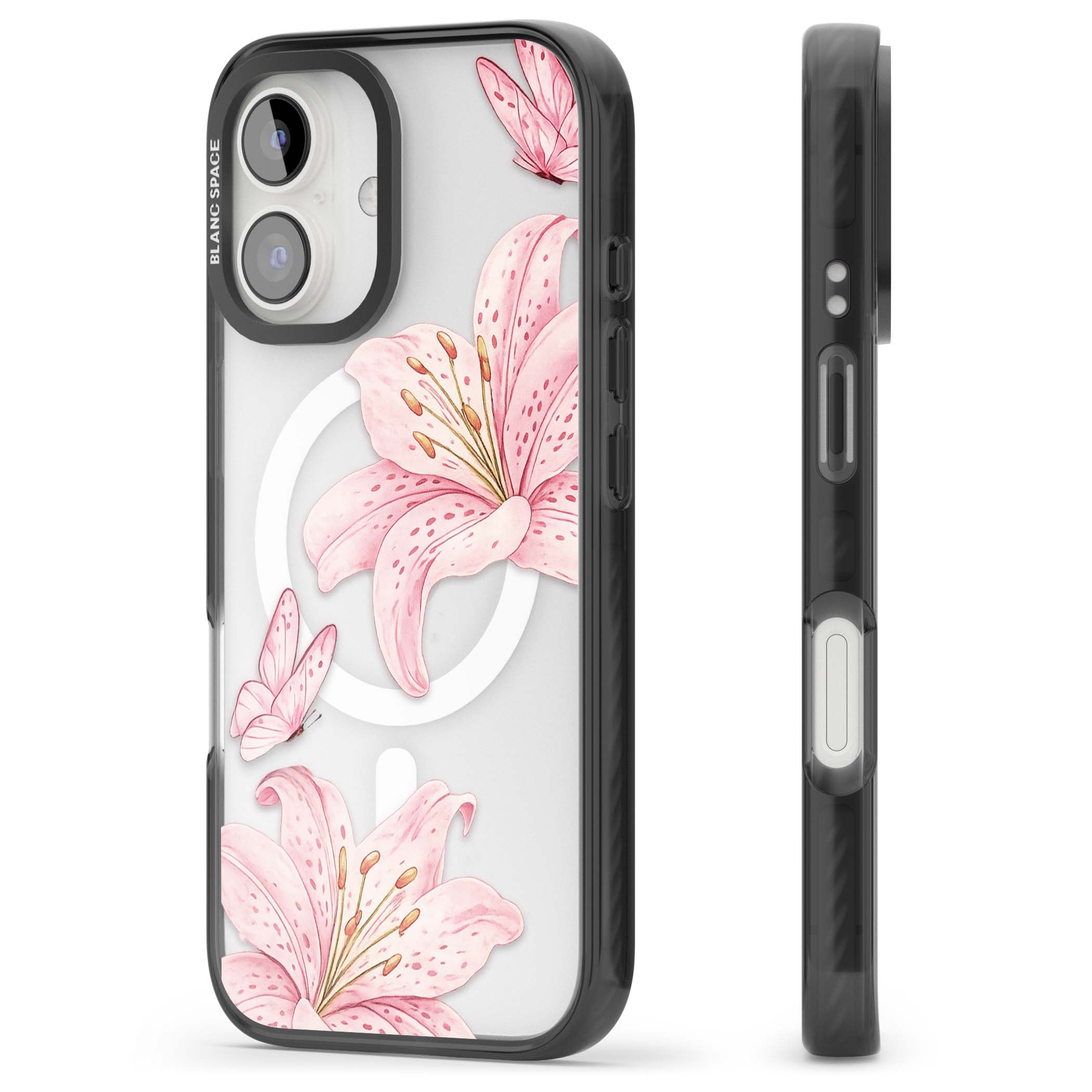 Lily Whisper floral iPhone case featuring pink watercolour lilies and delicate butterflies on a clear background | Black Impact Magsafe case for iPhone 16, iPhone 16 Plus