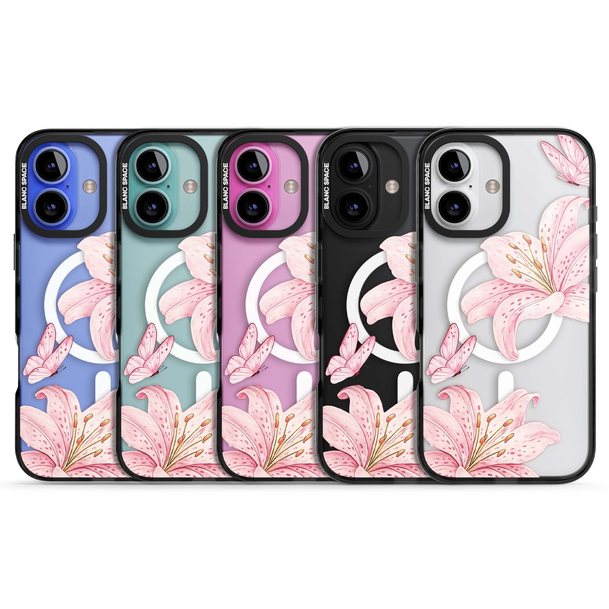 Lily Whisper floral iPhone case featuring pink watercolour lilies and delicate butterflies on a clear background | Black Impact Magsafe case for iPhone 16, iPhone 16 Plus