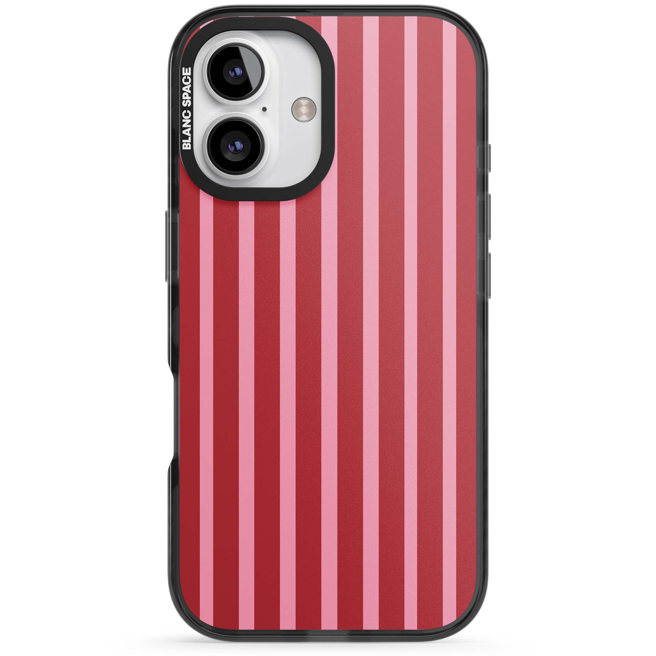 Raspberry Stripe coquette iPhone case featuring red and pink vertical stripes in a candy-inspired pattern | Black Impact Magsafe case for iPhone 16, iPhone 16 Plus