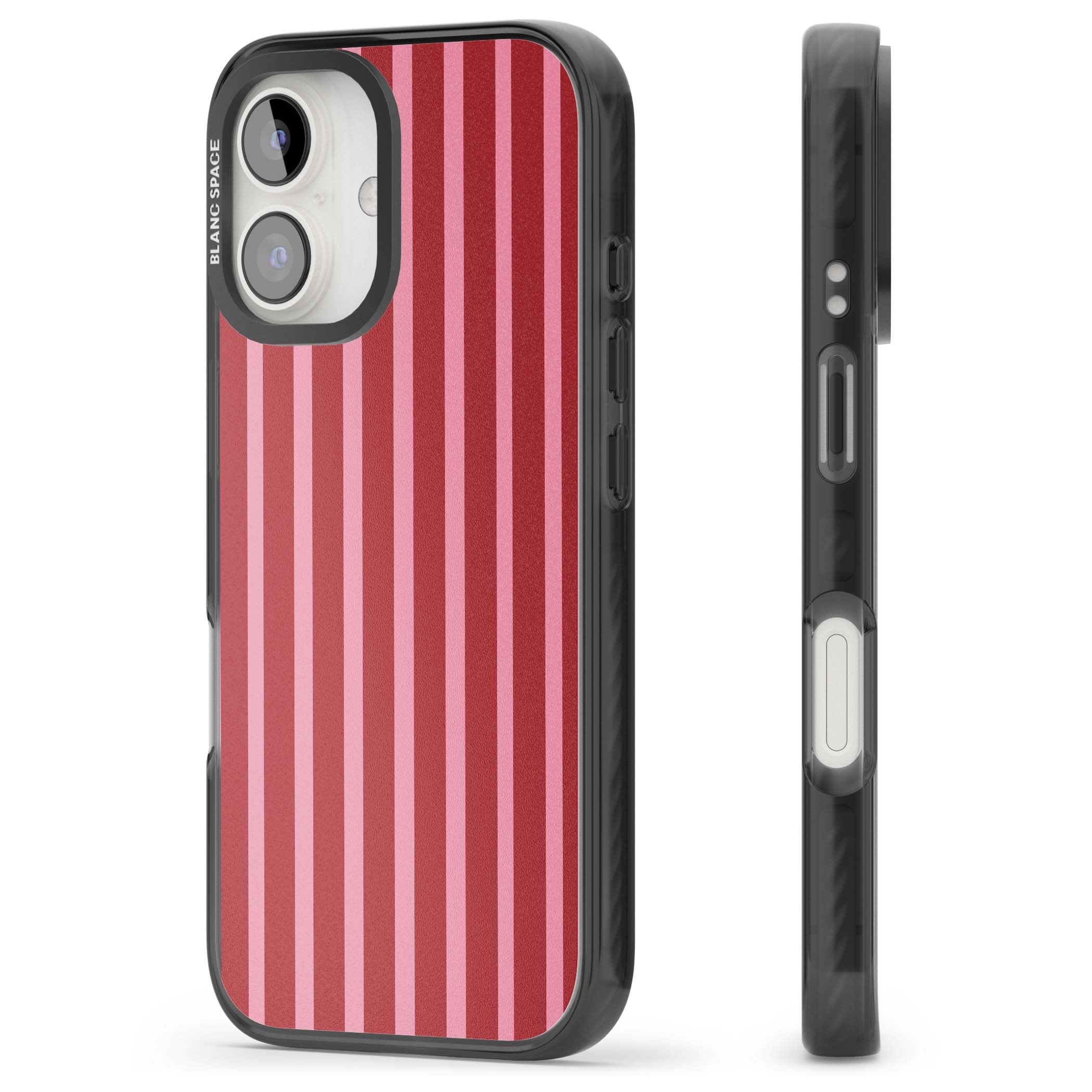 Raspberry Stripe coquette iPhone case featuring red and pink vertical stripes in a candy-inspired pattern | Black Impact Magsafe case for iPhone 16, iPhone 16 Plus