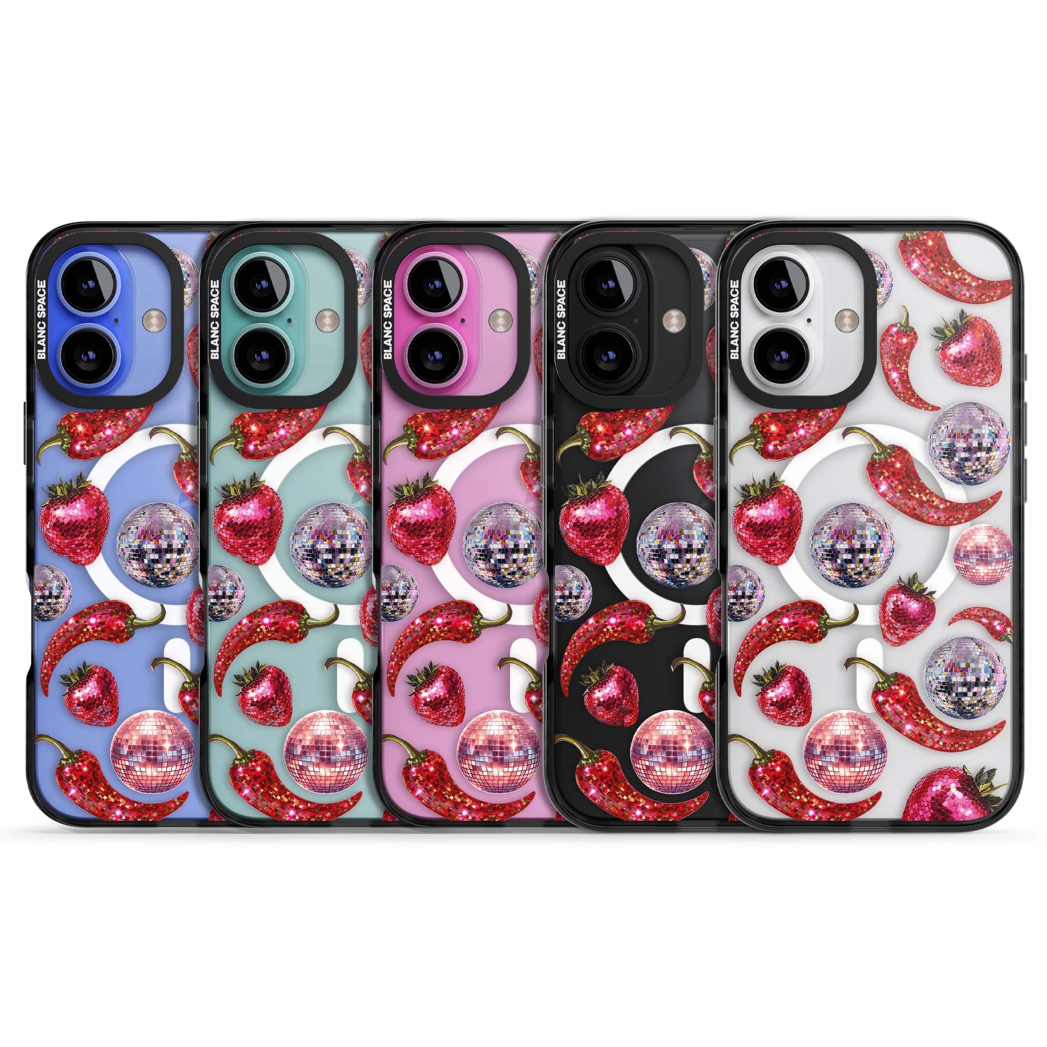 Spicy Disco Y2K iPhone case featuring glitter disco balls, sparkly strawberries and red chilli peppers | Black Impact Magsafe case for iPhone 16, iPhone 16 Plus