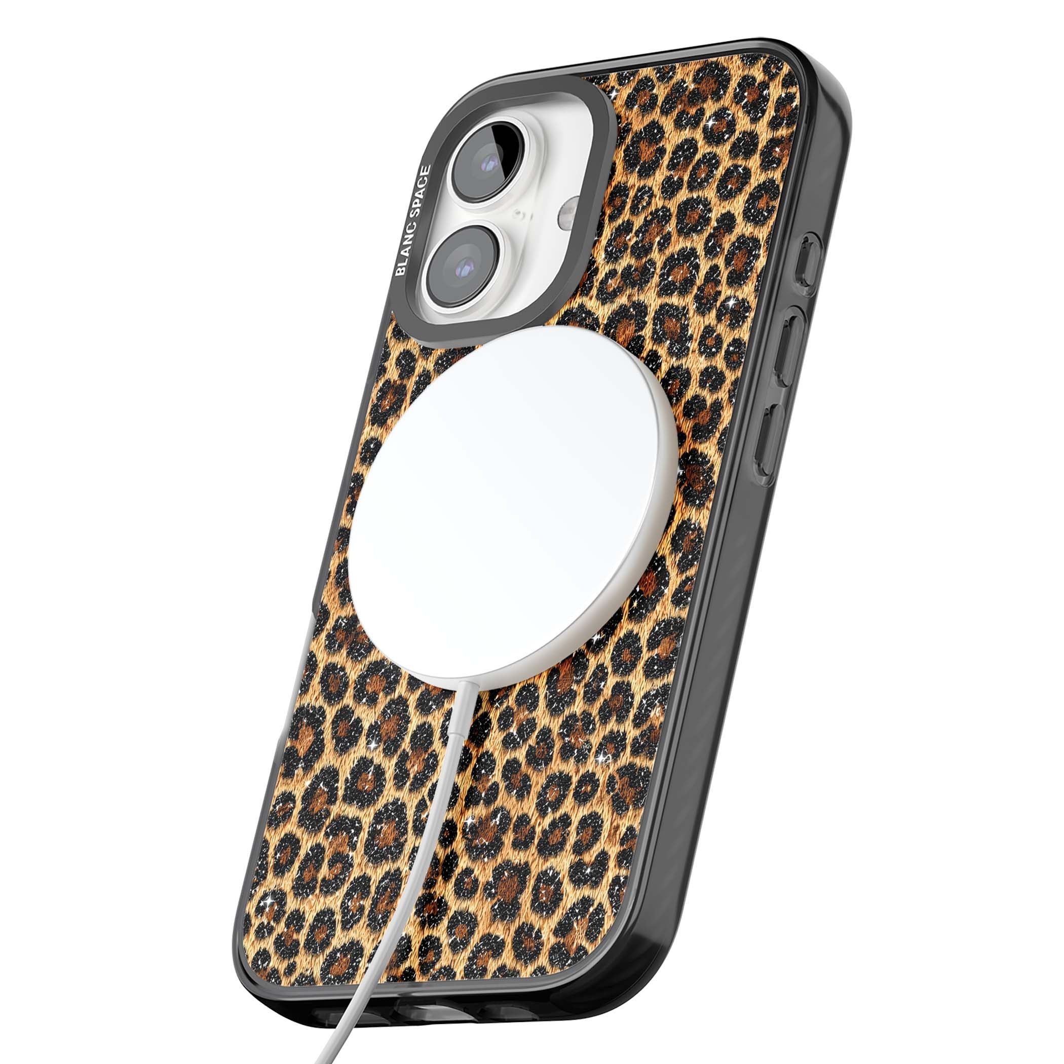Diamond Leopard leopard print iPhone case featuring golden tan fur, black rosette spots and subtle glitter sparkle | Black Impact Magsafe case for iPhone 16, iPhone 16 Plus
