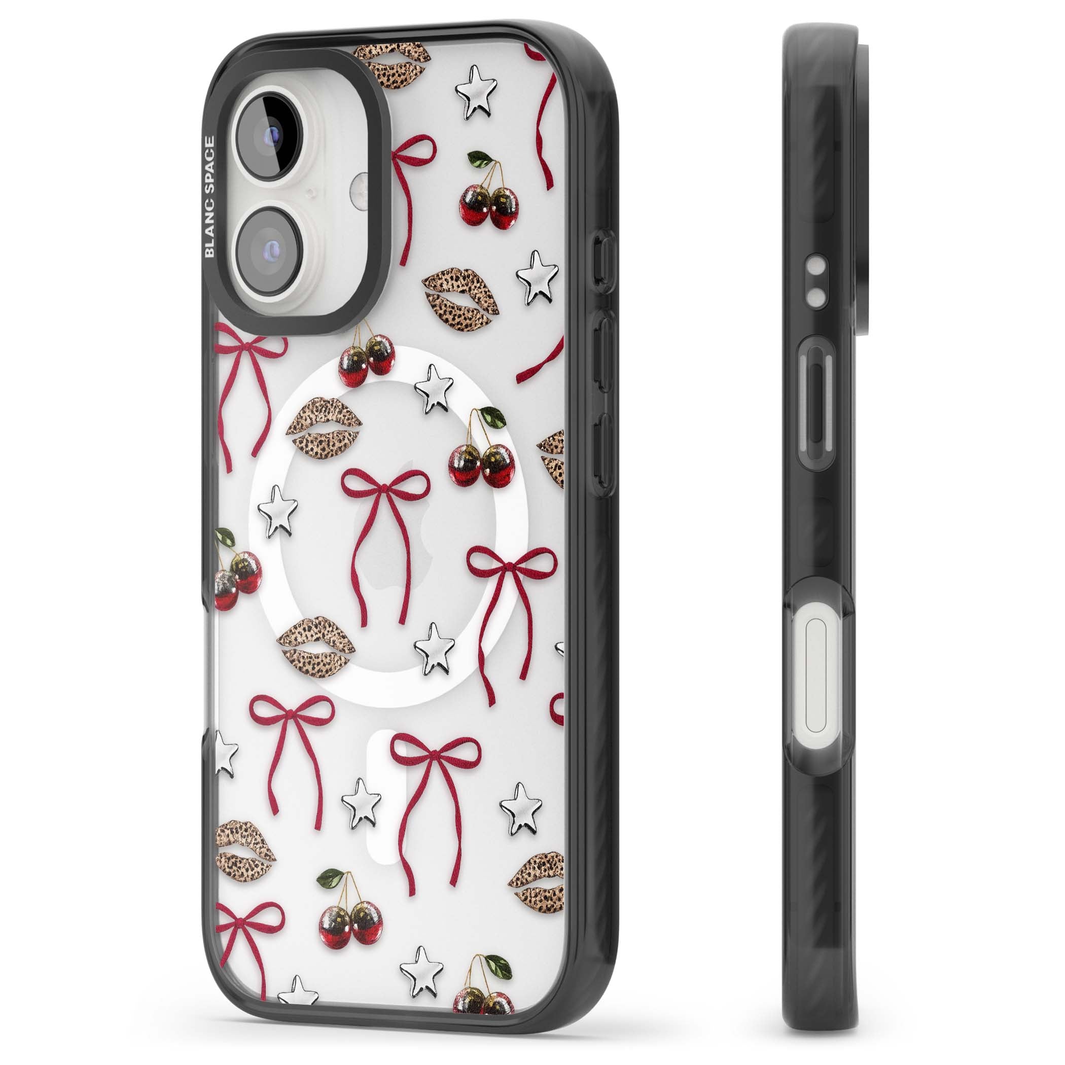 Starlet coquette iPhone case featuring red ribbon bows, disco cherries and leopard-print lips | Black Impact Magsafe case for iPhone 16, iPhone 16 Plus