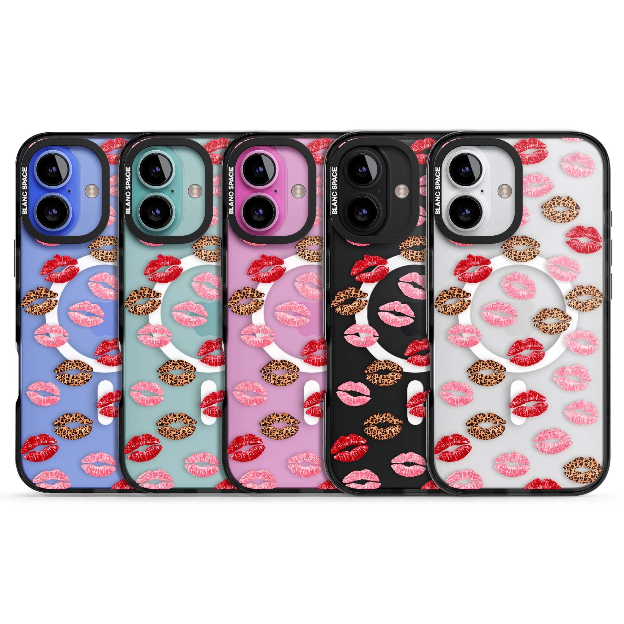 Wild Kisses coquette iPhone case featuring red, pink and leopard print lipstick kiss marks on a clear background | Black Impact Magsafe case for iPhone 16, iPhone 16 Plus