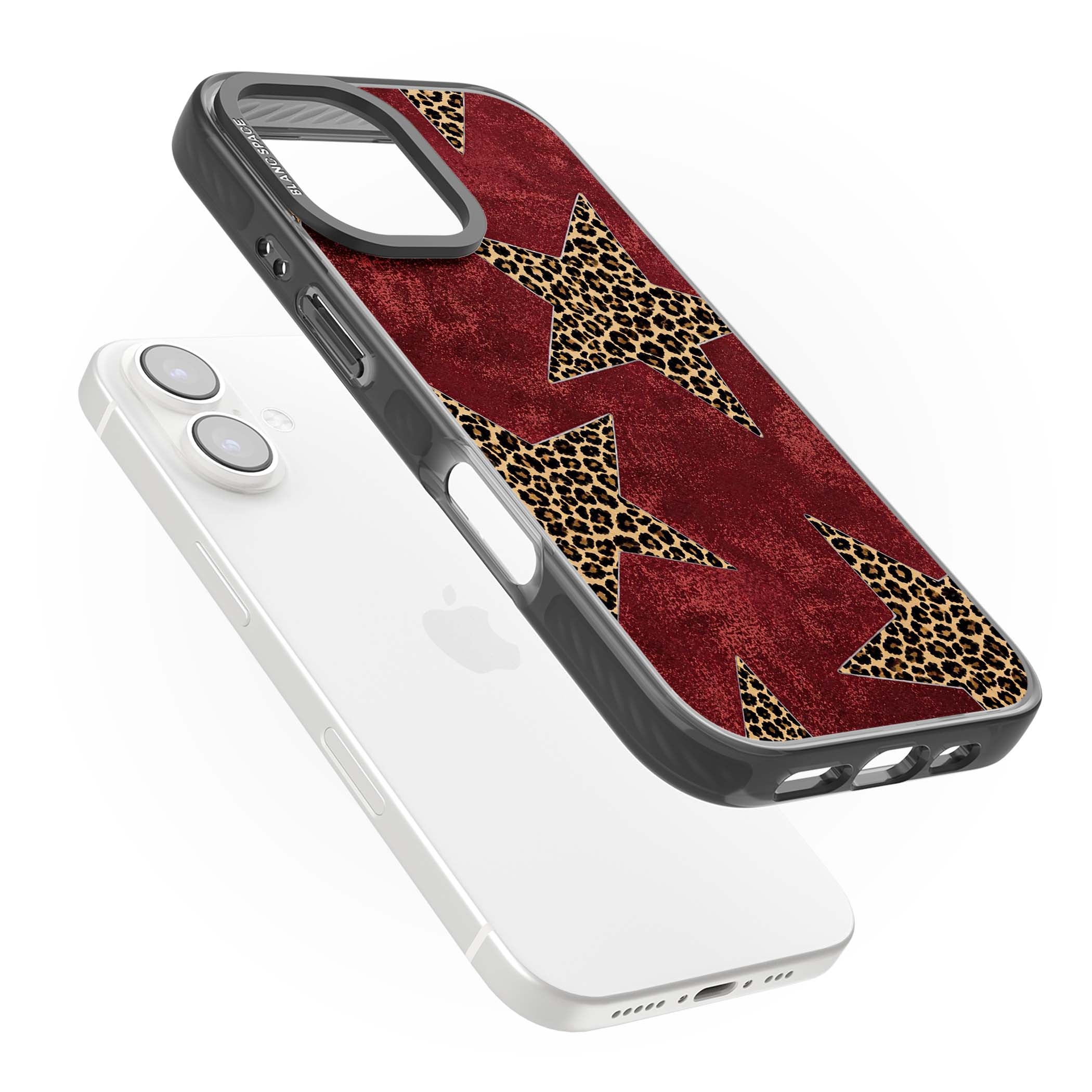 Showgirl leopard print iPhone case featuring cheetah print stars on distressed red grunge background | Black Impact Magsafe case for iPhone 16, iPhone 16 Plus