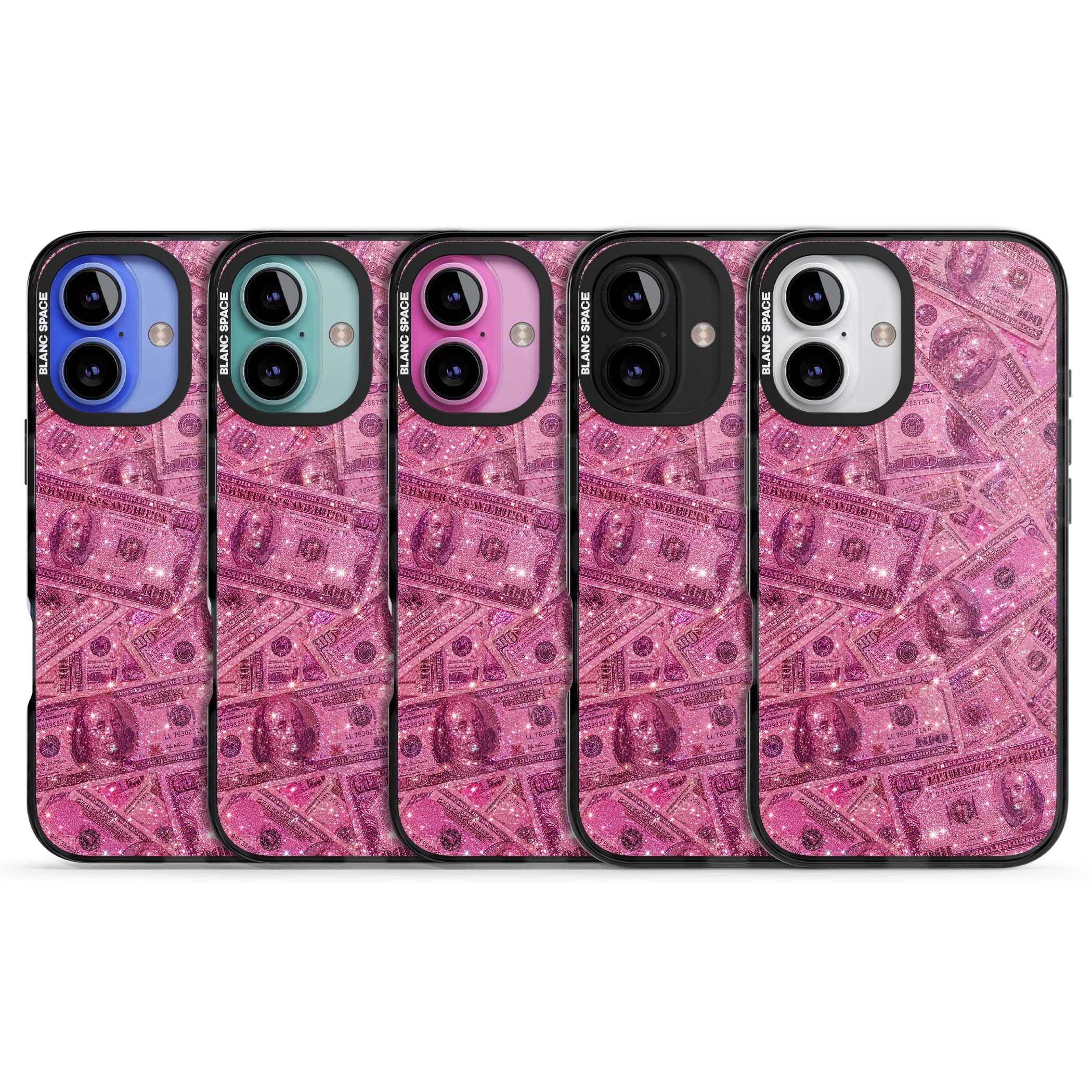Glamorous baddie iPhone case featuring pink glitter hundred dollar bills and sparkling money wallpaper design | Black Impact Magsafe case for iPhone 16, iPhone 16 Plus