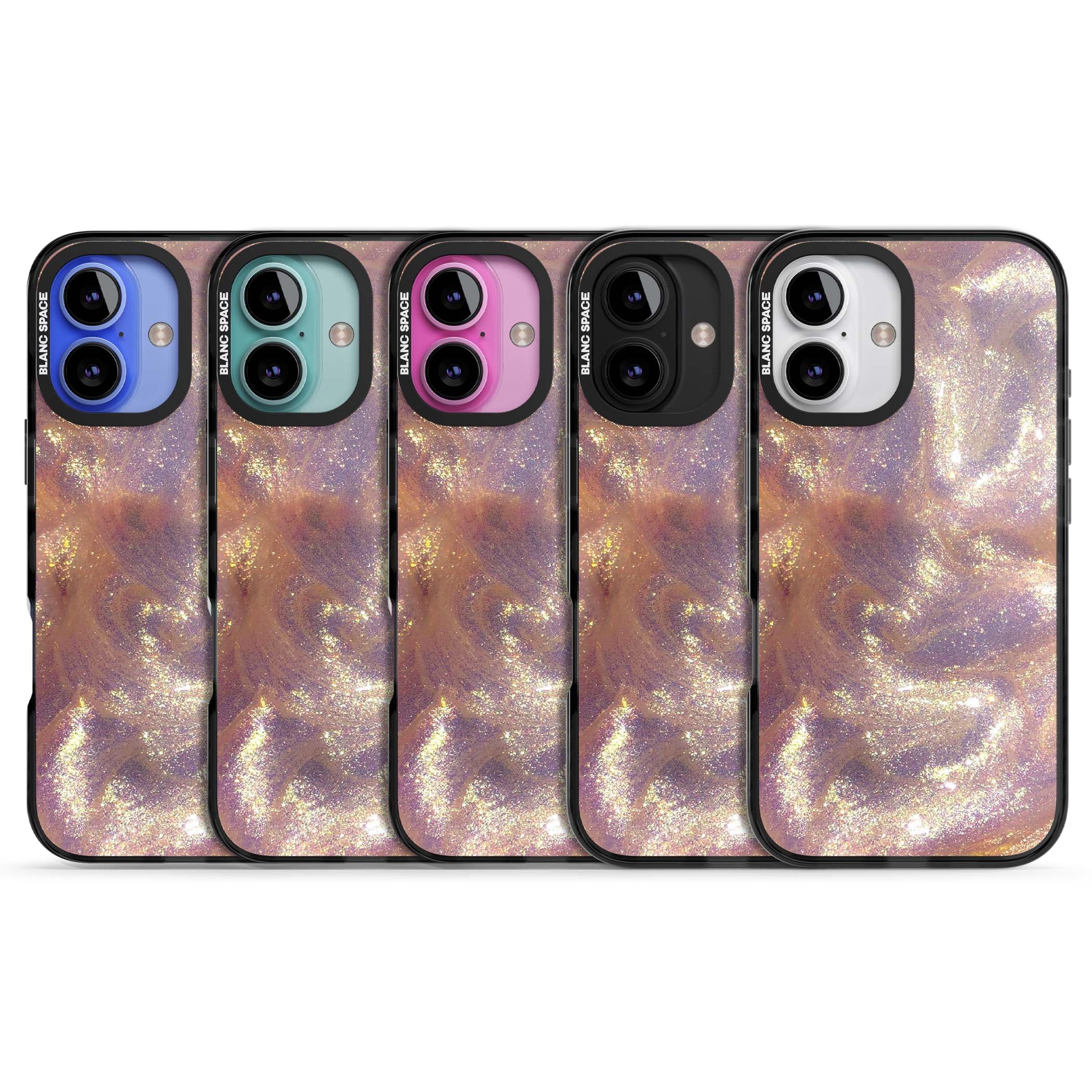 Shimmer marble iPhone case featuring rose gold glitter swirls, lilac shimmer and iridescent pearl finish | Black Impact Magsafe case for iPhone 16, iPhone 16 Plus