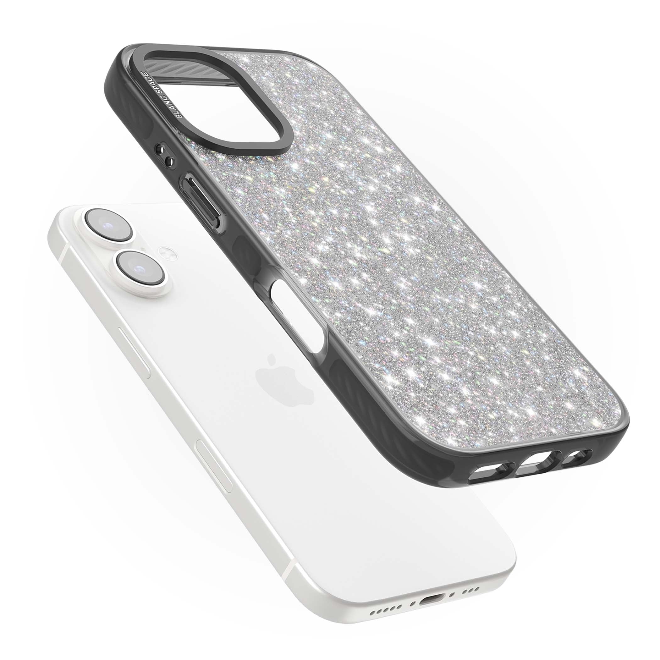 Diamond glam iPhone case featuring silver glitter sparkle and shimmering diamond dust effect | Black Impact Magsafe case for iPhone 16, iPhone 16 Plus