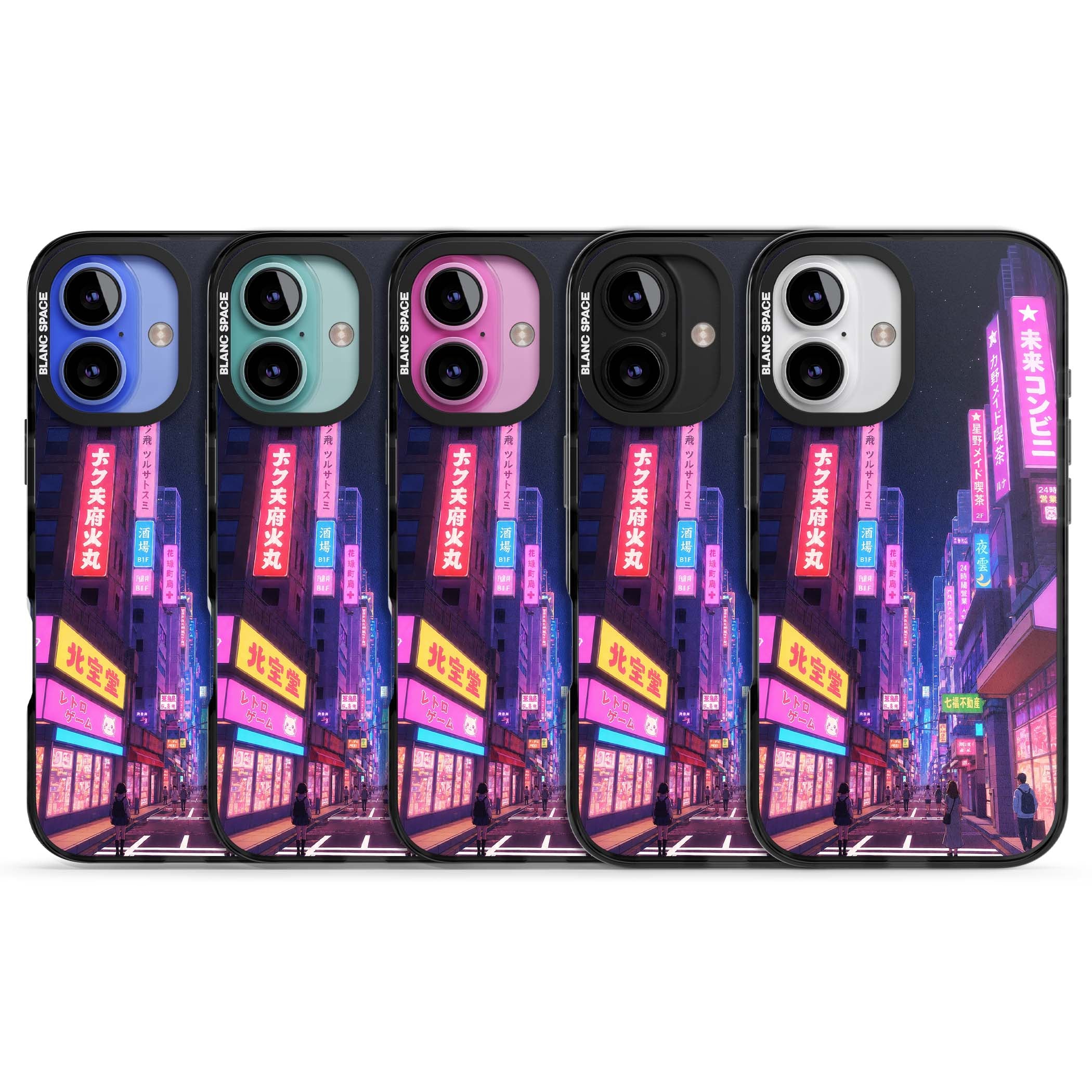 Shibuya At Night Japanese neon city iPhone case featuring glowing kanji signs, pink storefronts and a Tokyo street at n | Black Impact Magsafe case for iPhone 16, iPhone 16 Plus