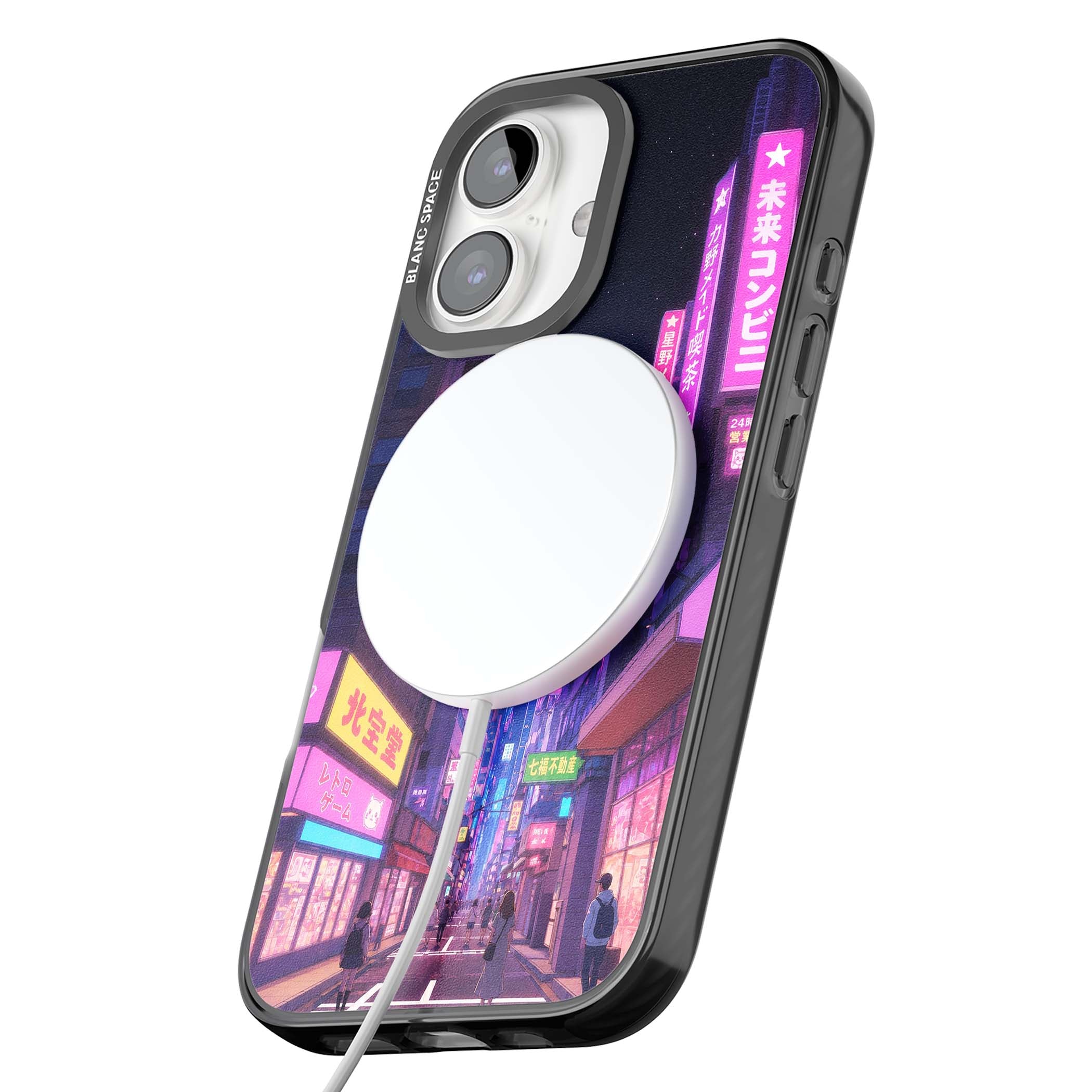 Shibuya At Night Japanese neon city iPhone case featuring glowing kanji signs, pink storefronts and a Tokyo street at n | Black Impact Magsafe case for iPhone 16, iPhone 16 Plus