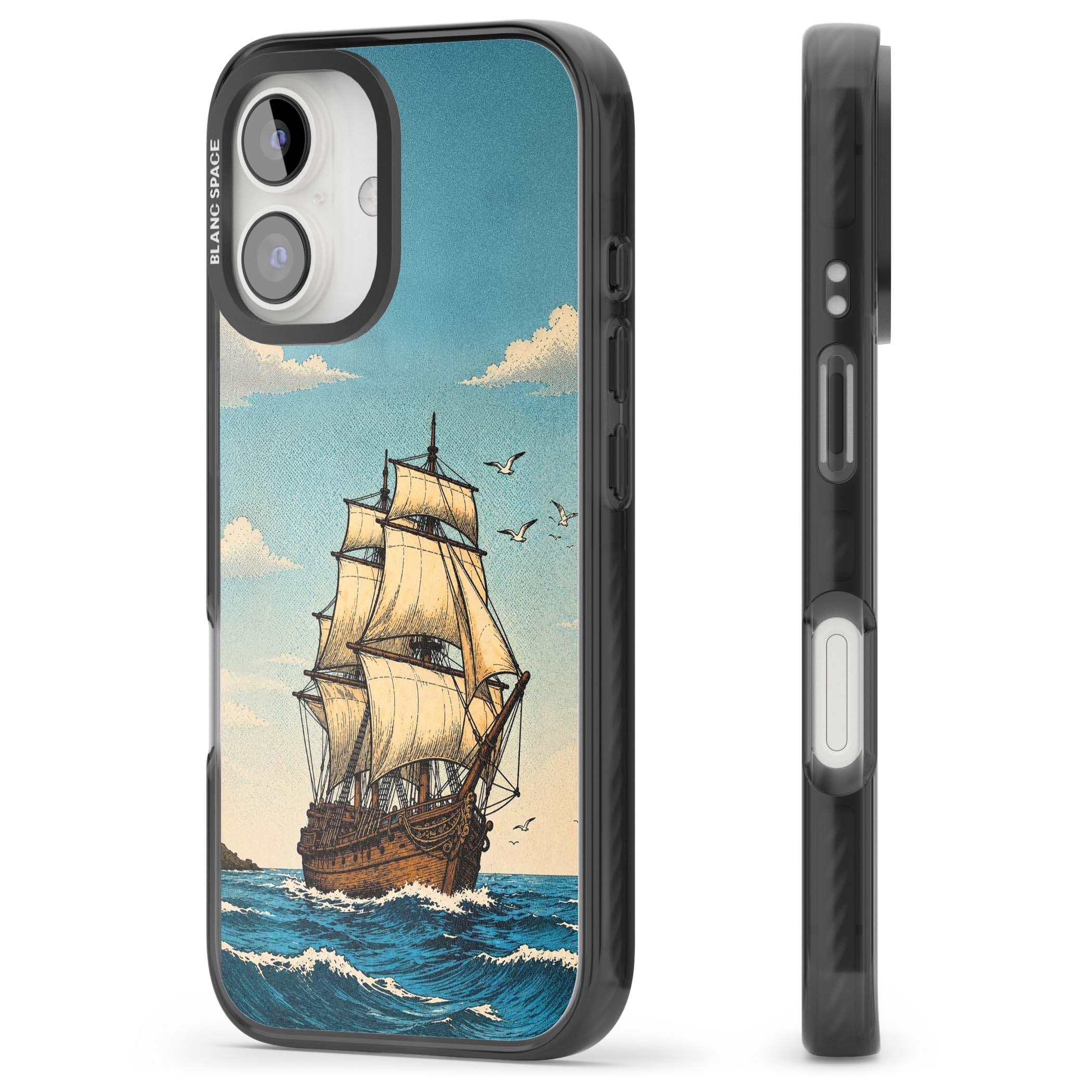 Ship at Sea nautical iPhone case featuring a vintage tall ship, ocean waves and seagulls | Black Impact Magsafe case for iPhone 16, iPhone 16 Plus