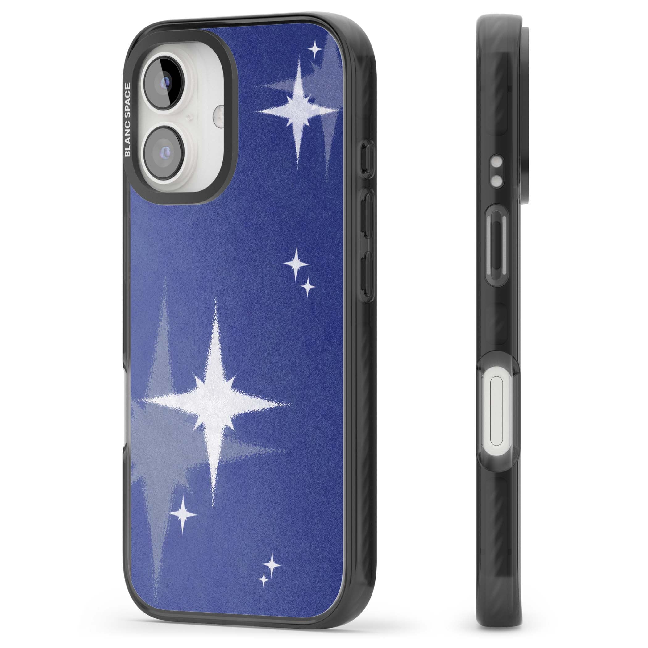 Blue Sparkle celestial iPhone case featuring sparkling silver stars on a deep blue painterly night sky | Black Impact Magsafe case for iPhone 16, iPhone 16 Plus