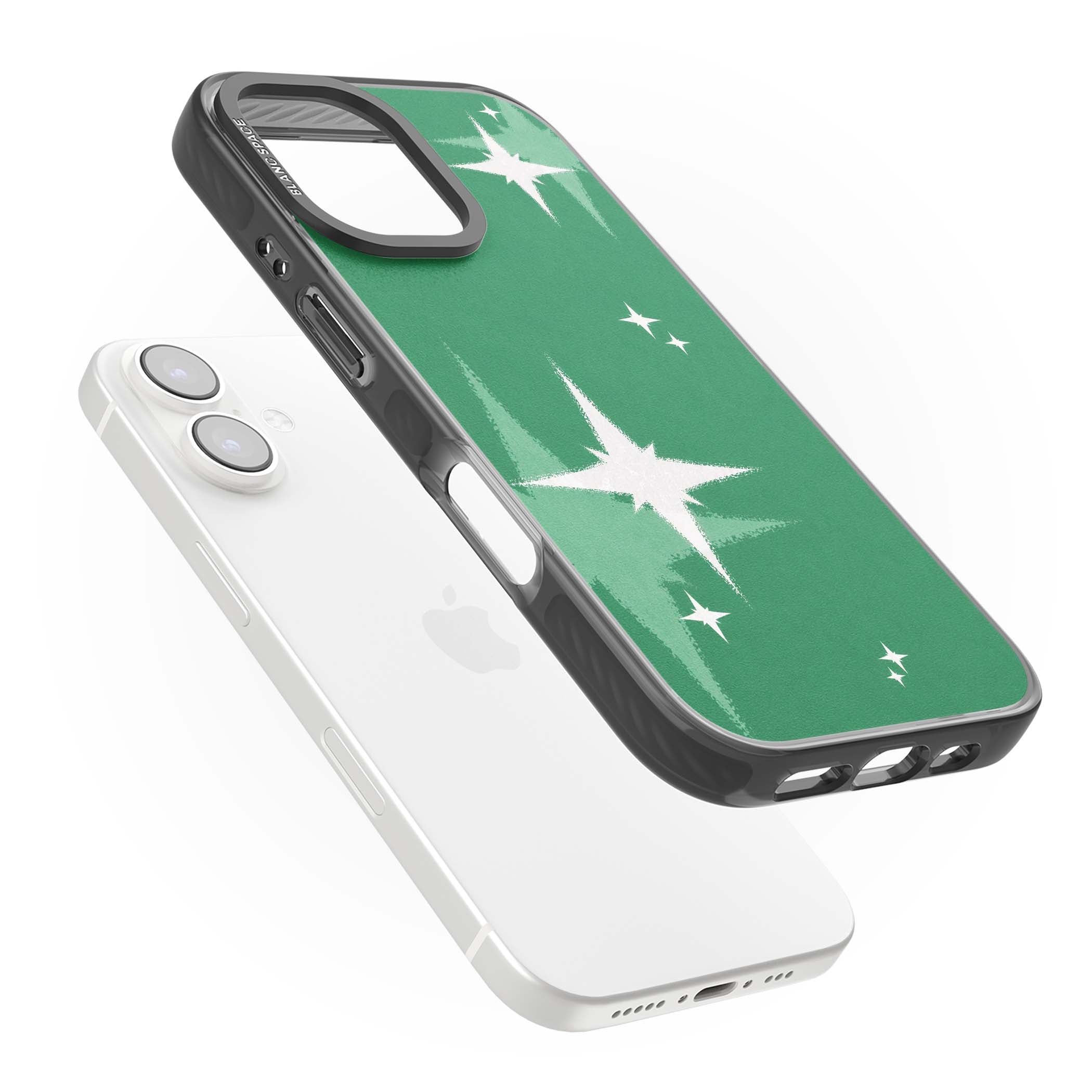 Green Sparkle celestial iPhone case featuring sparkling white four-point stars on a deep green background | Black Impact Magsafe case for iPhone 16, iPhone 16 Plus