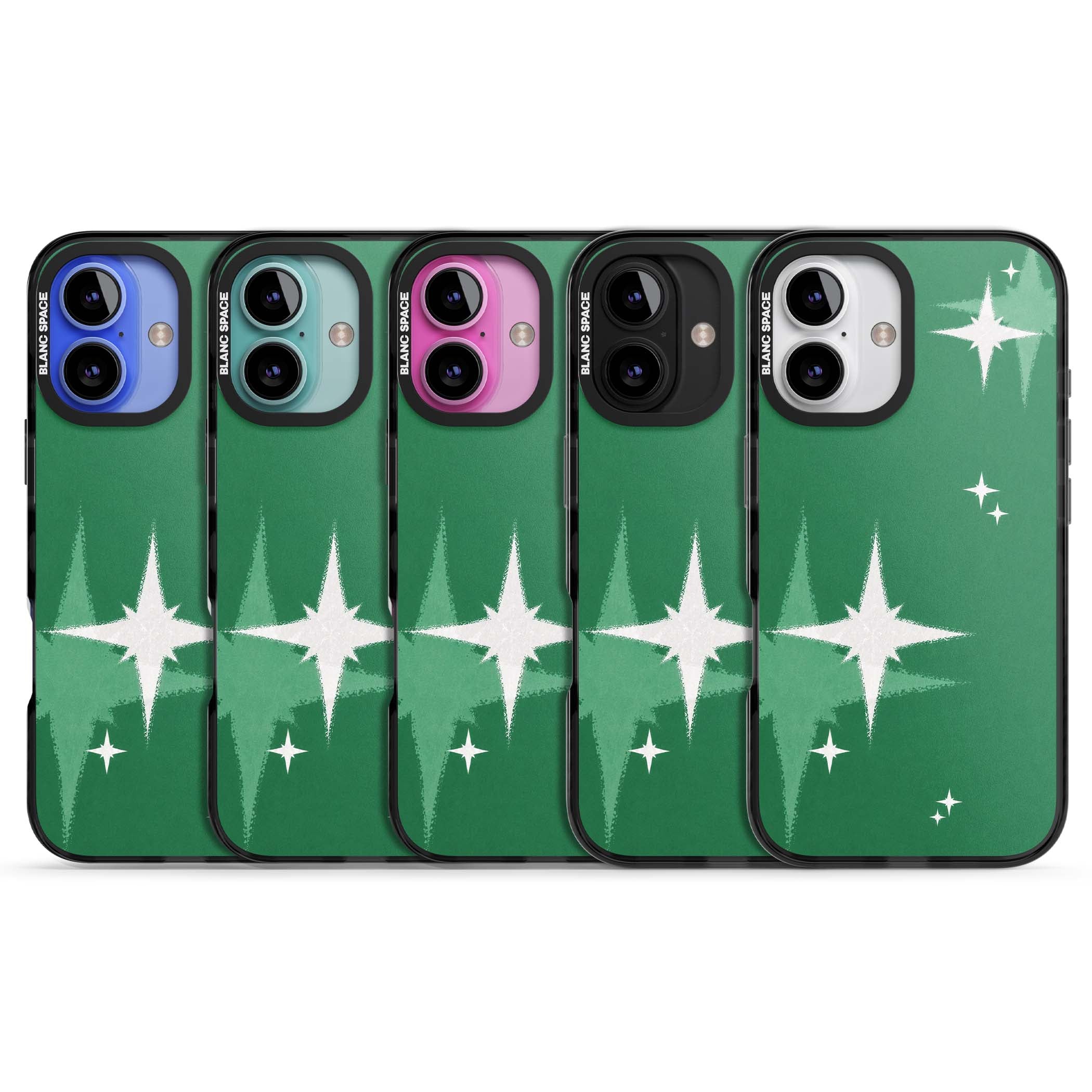 Green Sparkle celestial iPhone case featuring sparkling white four-point stars on a deep green background | Black Impact Magsafe case for iPhone 16, iPhone 16 Plus