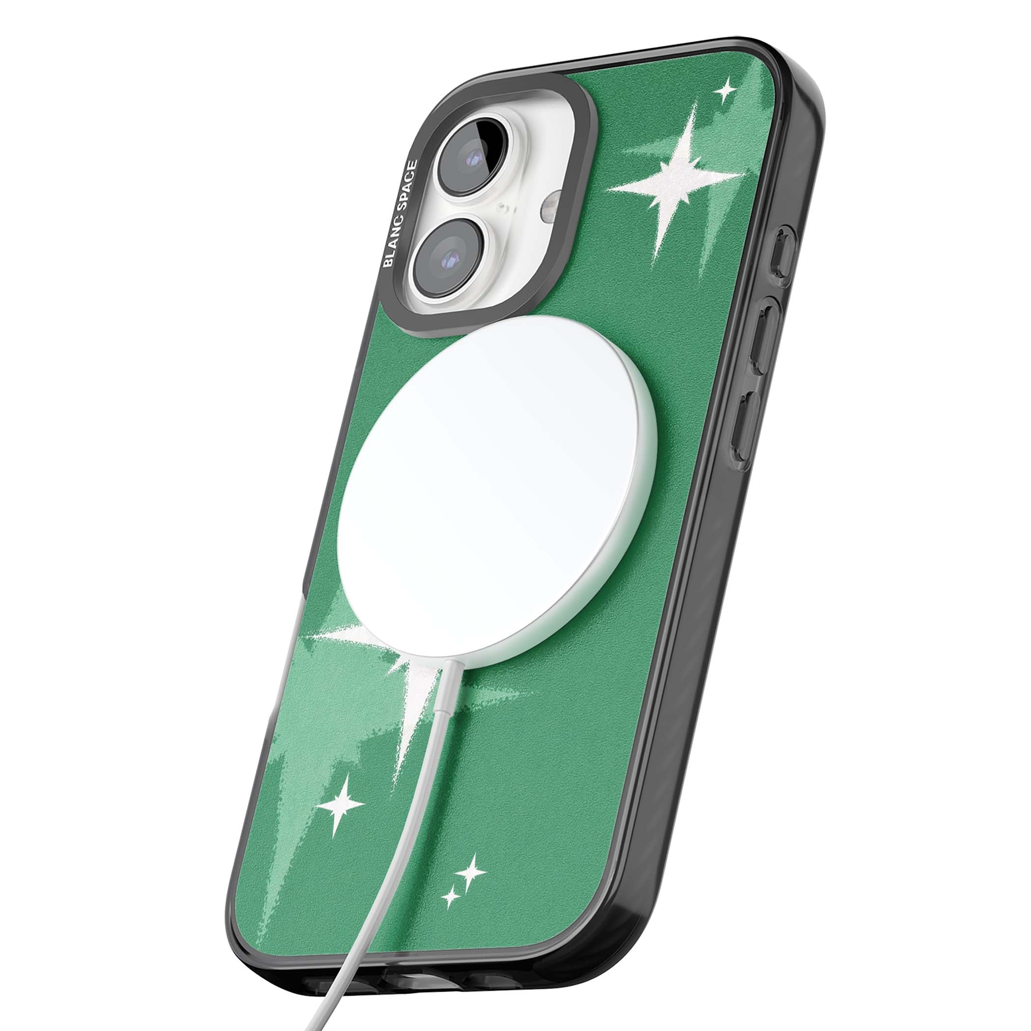Green Sparkle celestial iPhone case featuring sparkling white four-point stars on a deep green background | Black Impact Magsafe case for iPhone 16, iPhone 16 Plus