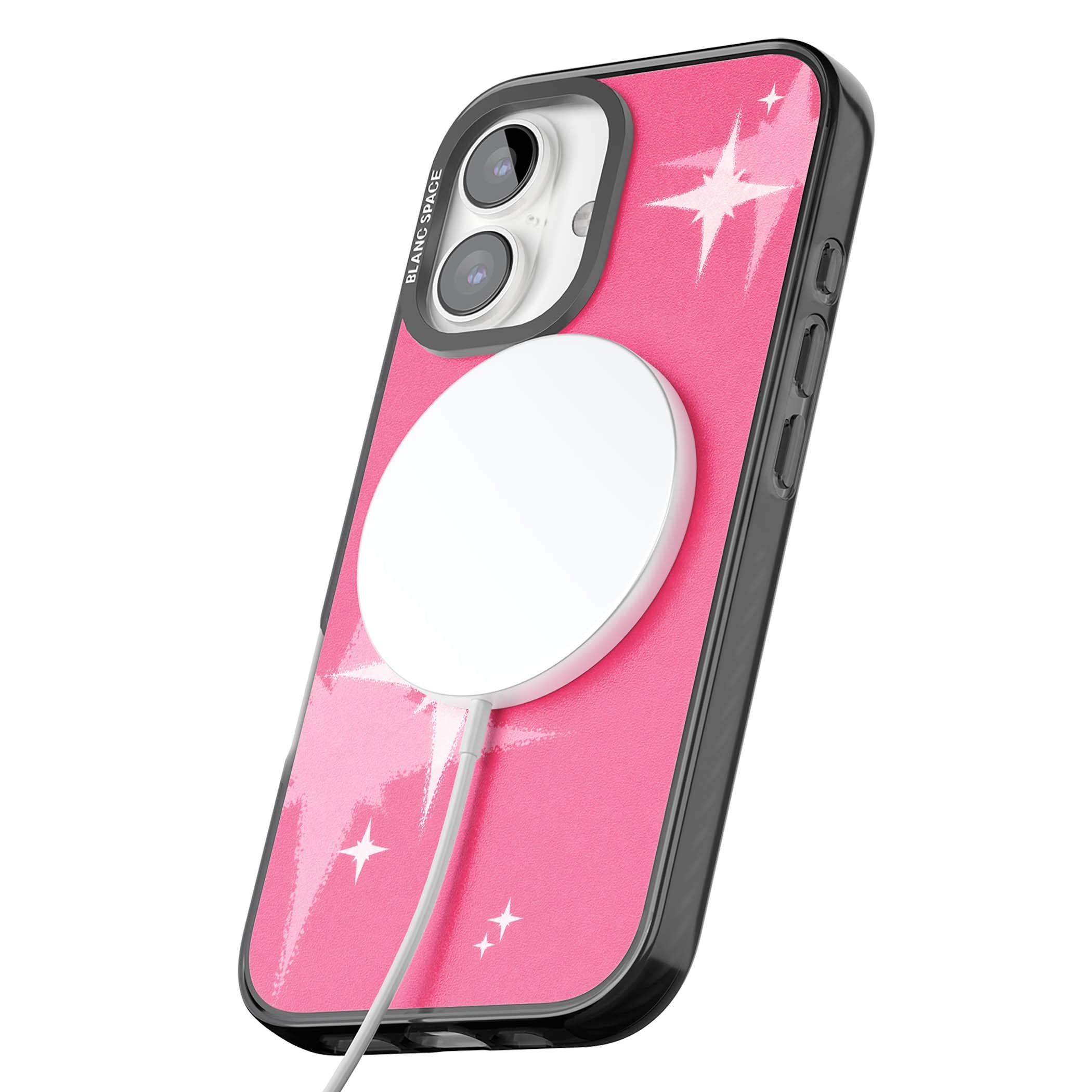 Pink Sparkle Y2K iPhone case featuring hot pink background with shimmering white starburst pattern | Black Impact Magsafe case for iPhone 16, iPhone 16 Plus