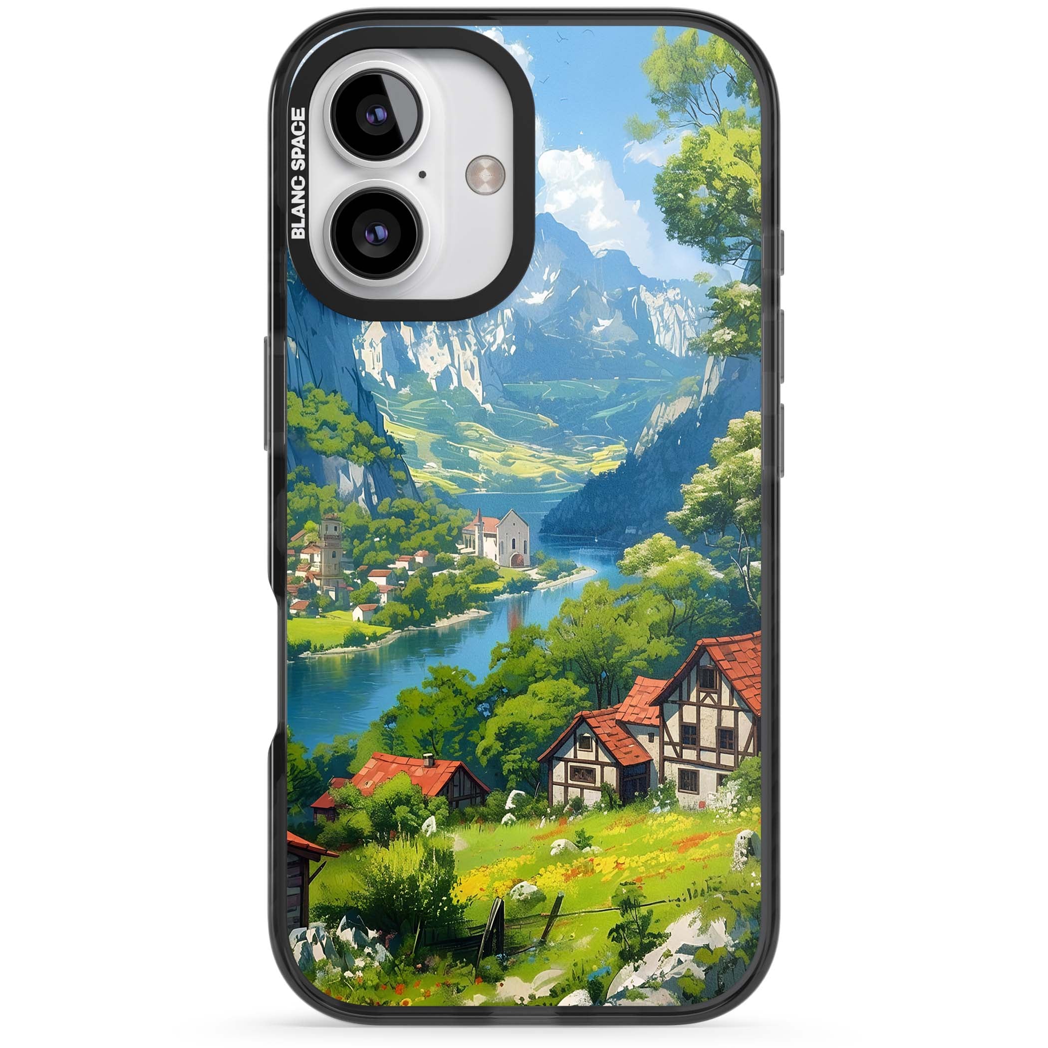 Village In The Valley anime iPhone case featuring a painted mountain village, river valley and half-timbered cottages. | Black Impact Magsafe case for iPhone 16, iPhone 16 Plus