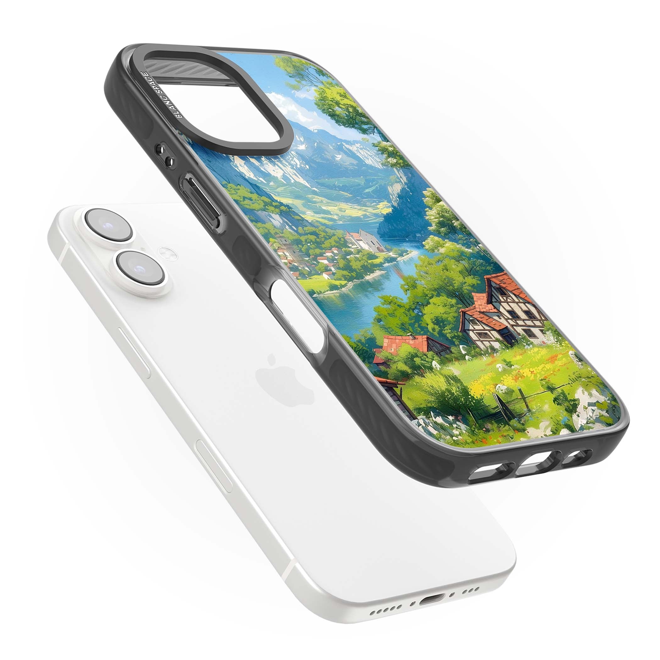 Village In The Valley anime iPhone case featuring a painted mountain village, river valley and half-timbered cottages. | Black Impact Magsafe case for iPhone 16, iPhone 16 Plus