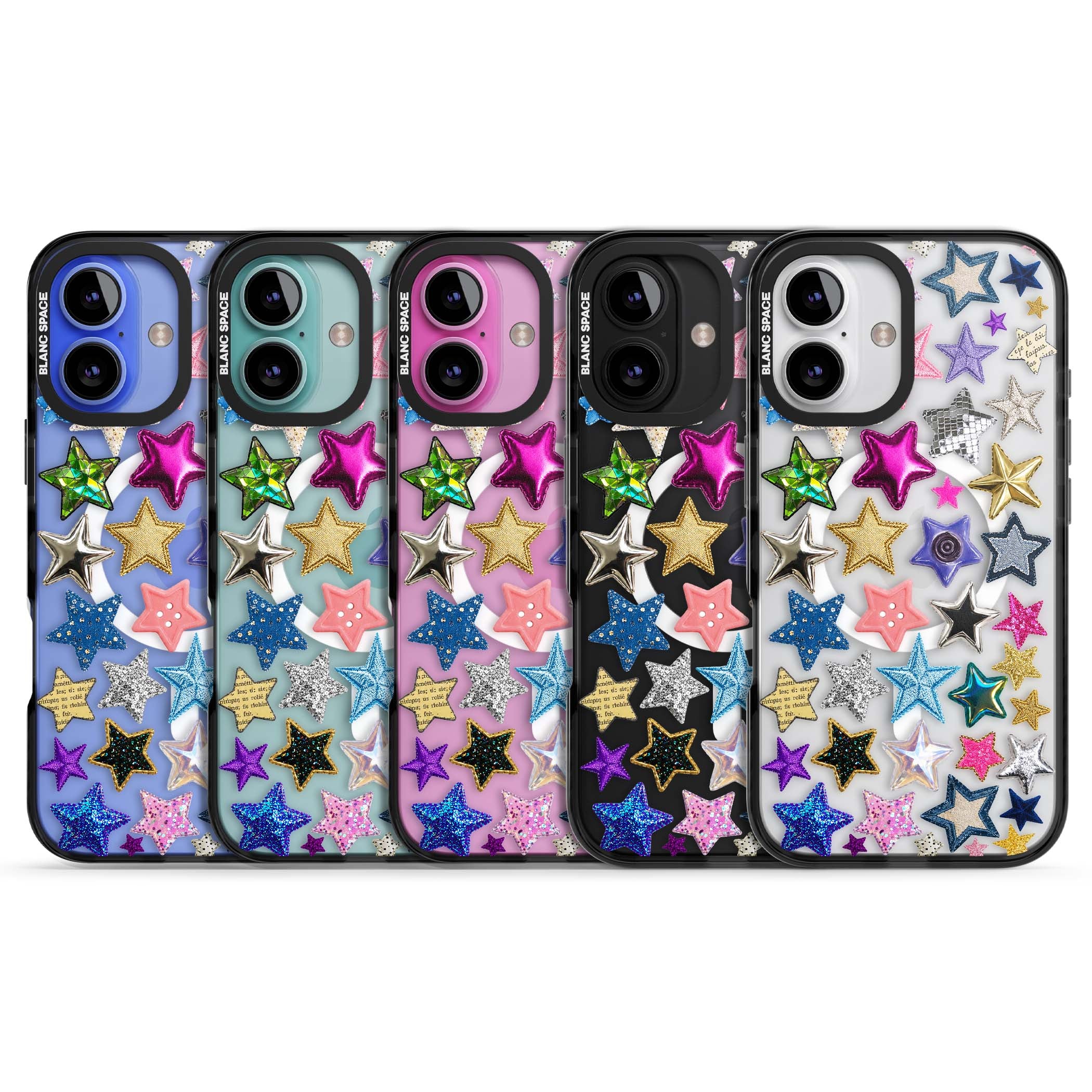 Crafty Star Mix Y2K iPhone case featuring embroidered, sequinned and glitter star patches in rainbow colours | Black Impact Magsafe case for iPhone 16, iPhone 16 Plus