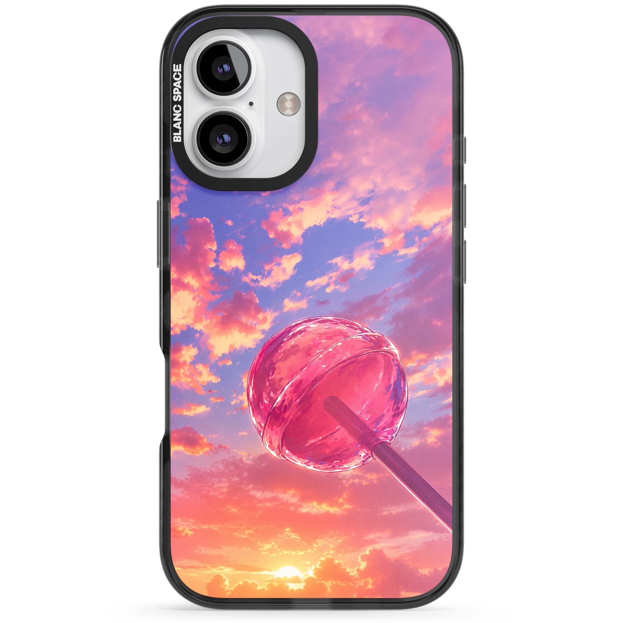 Sugar Sunset candy aesthetic iPhone case featuring a pink lollipop, pastel sunset sky and dreamy clouds | Black Impact Magsafe case for iPhone 16, iPhone 16 Plus