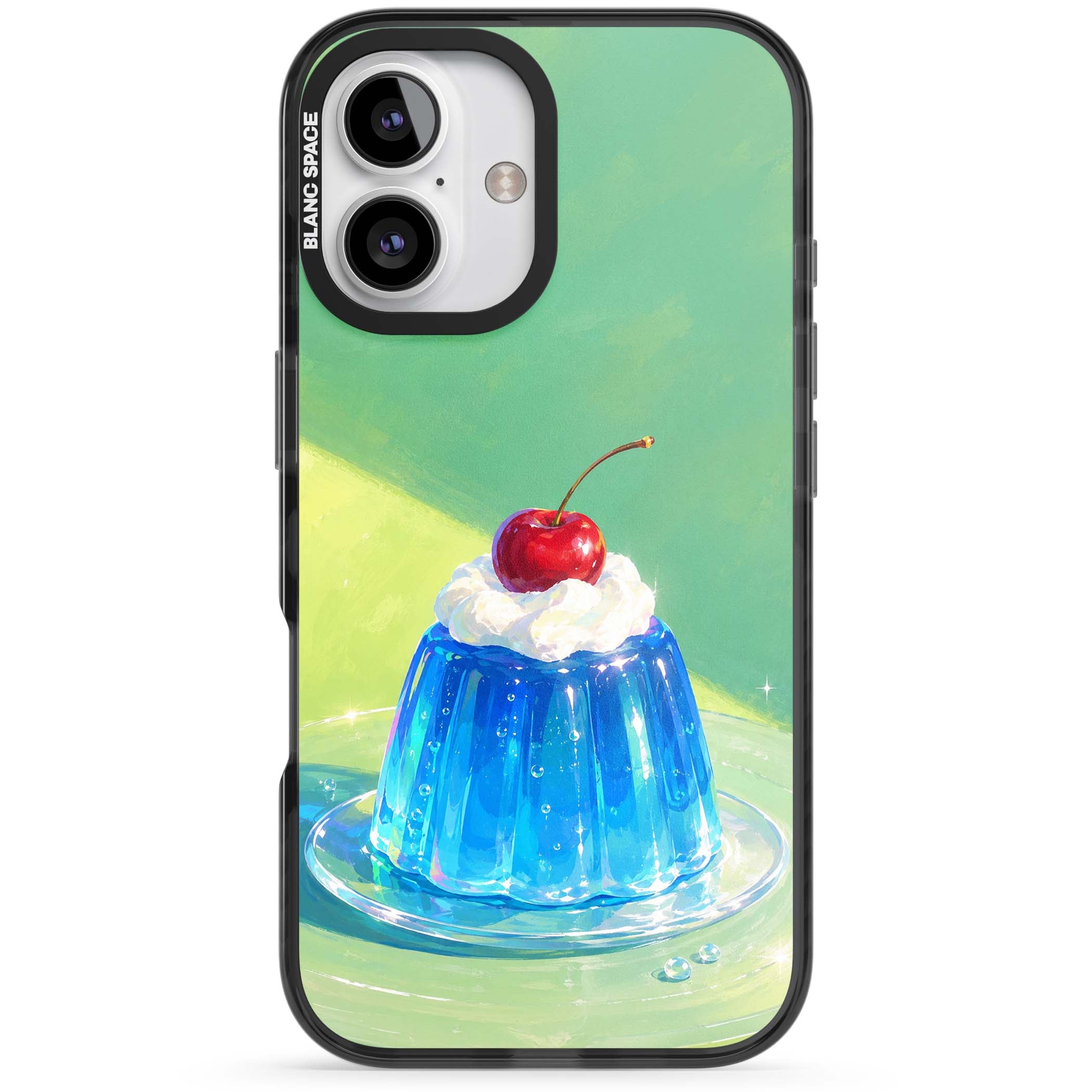 Cherry Jelly kawaii dessert iPhone case featuring blue jelly pudding, whipped cream and a red cherry | Black Impact Magsafe case for iPhone 16, iPhone 16 Plus