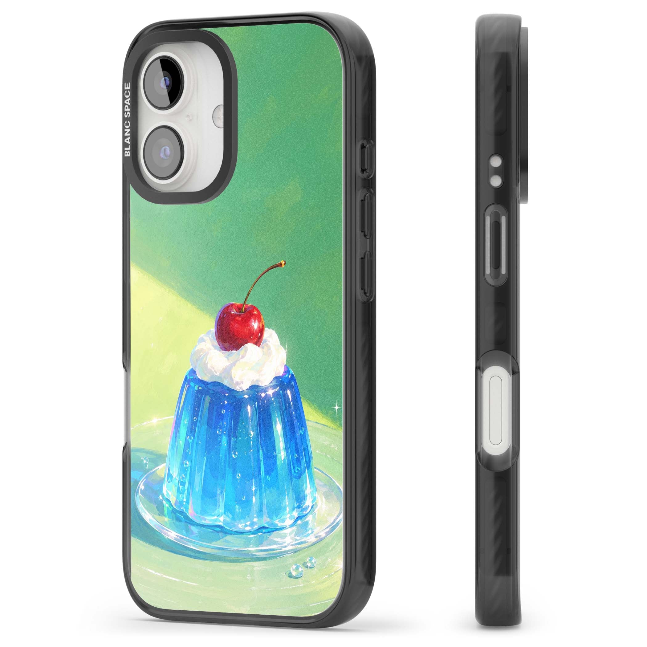 Cherry Jelly kawaii dessert iPhone case featuring blue jelly pudding, whipped cream and a red cherry | Black Impact Magsafe case for iPhone 16, iPhone 16 Plus