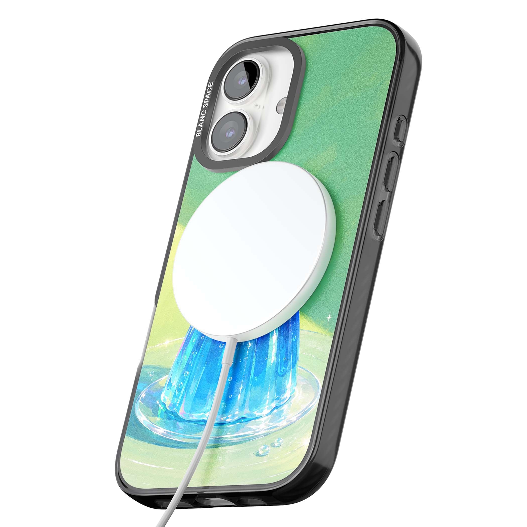 Cherry Jelly kawaii dessert iPhone case featuring blue jelly pudding, whipped cream and a red cherry | Black Impact Magsafe case for iPhone 16, iPhone 16 Plus
