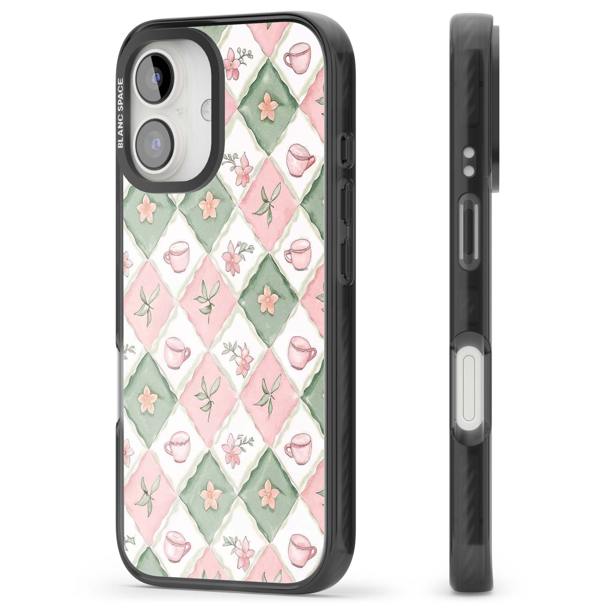 Garden Tea Party coquette iPhone case with pink and green checkered pattern, watercolour teacups and wildflowers | Black Impact Magsafe case for iPhone 16, iPhone 16 Plus