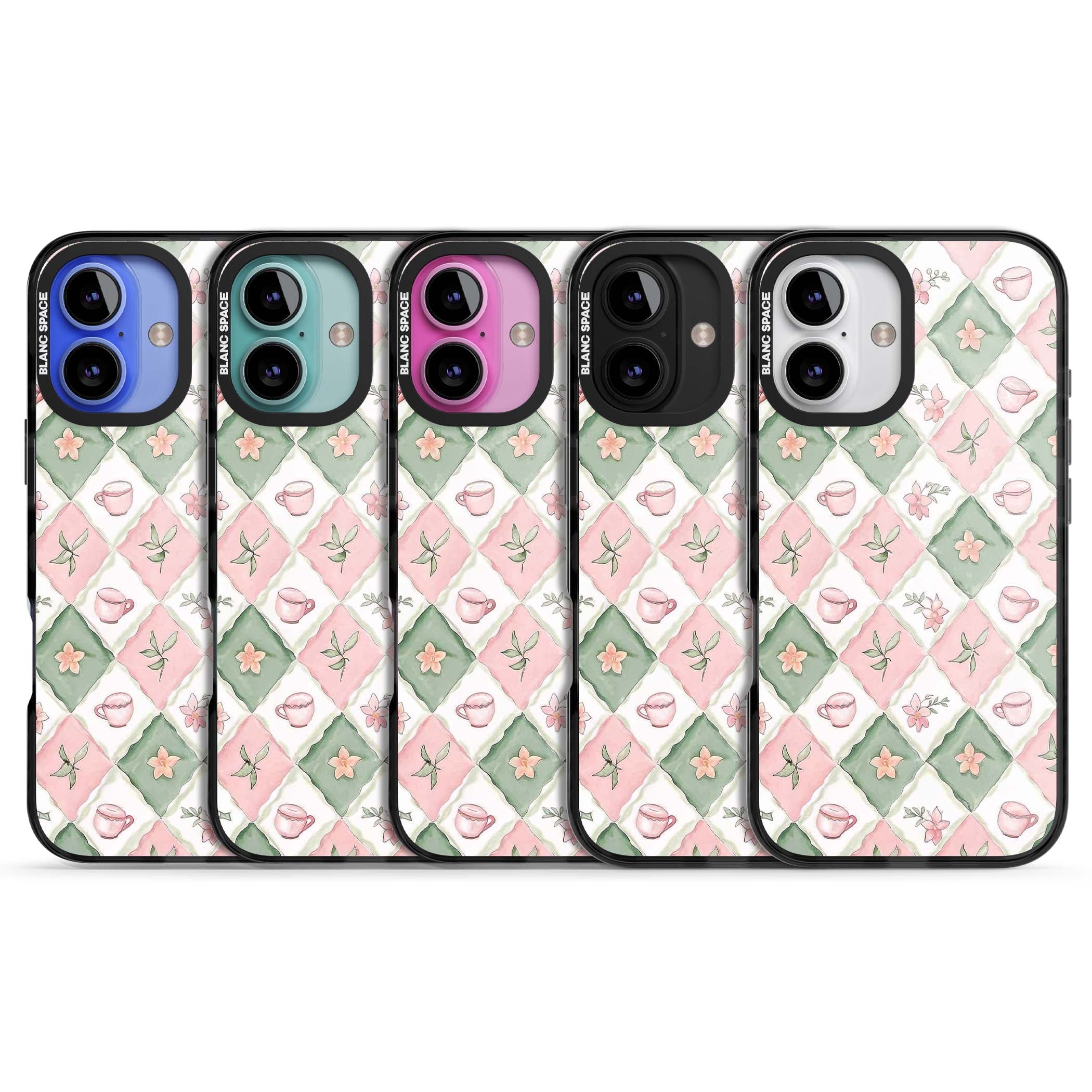 Garden Tea Party coquette iPhone case with pink and green checkered pattern, watercolour teacups and wildflowers | Black Impact Magsafe case for iPhone 16, iPhone 16 Plus